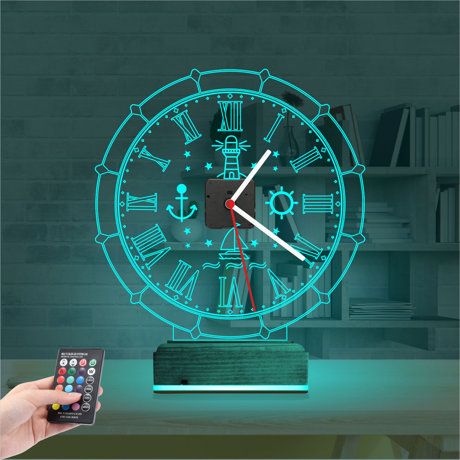 Именной подарок: 3d светильник морские символы с часами 2