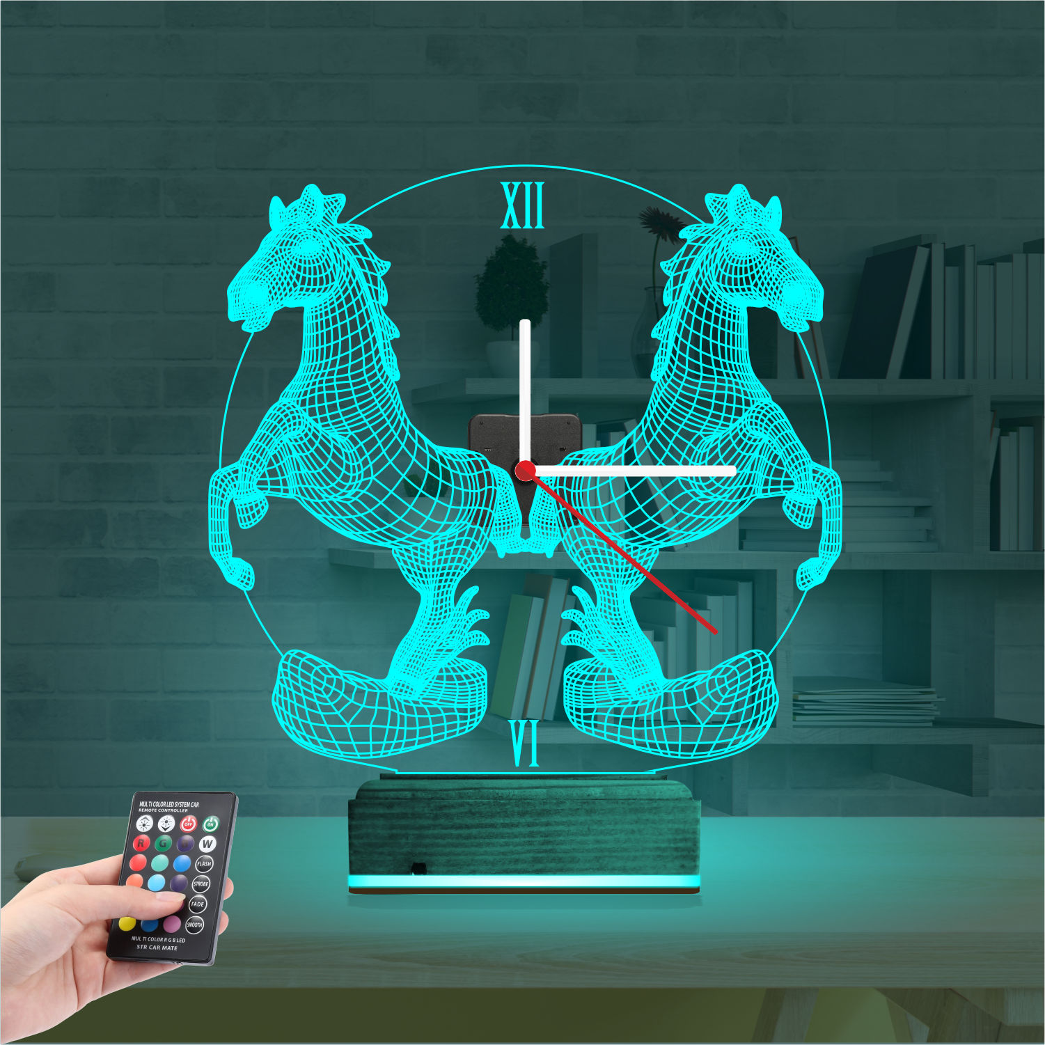 Подарок для мужчины: два коня с часами 3d светильник 2