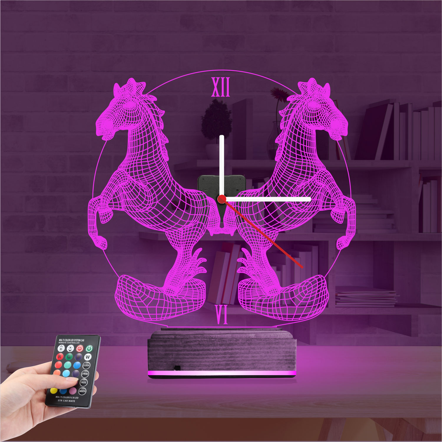Подарок для мужчины: два коня с часами 3d светильник 3