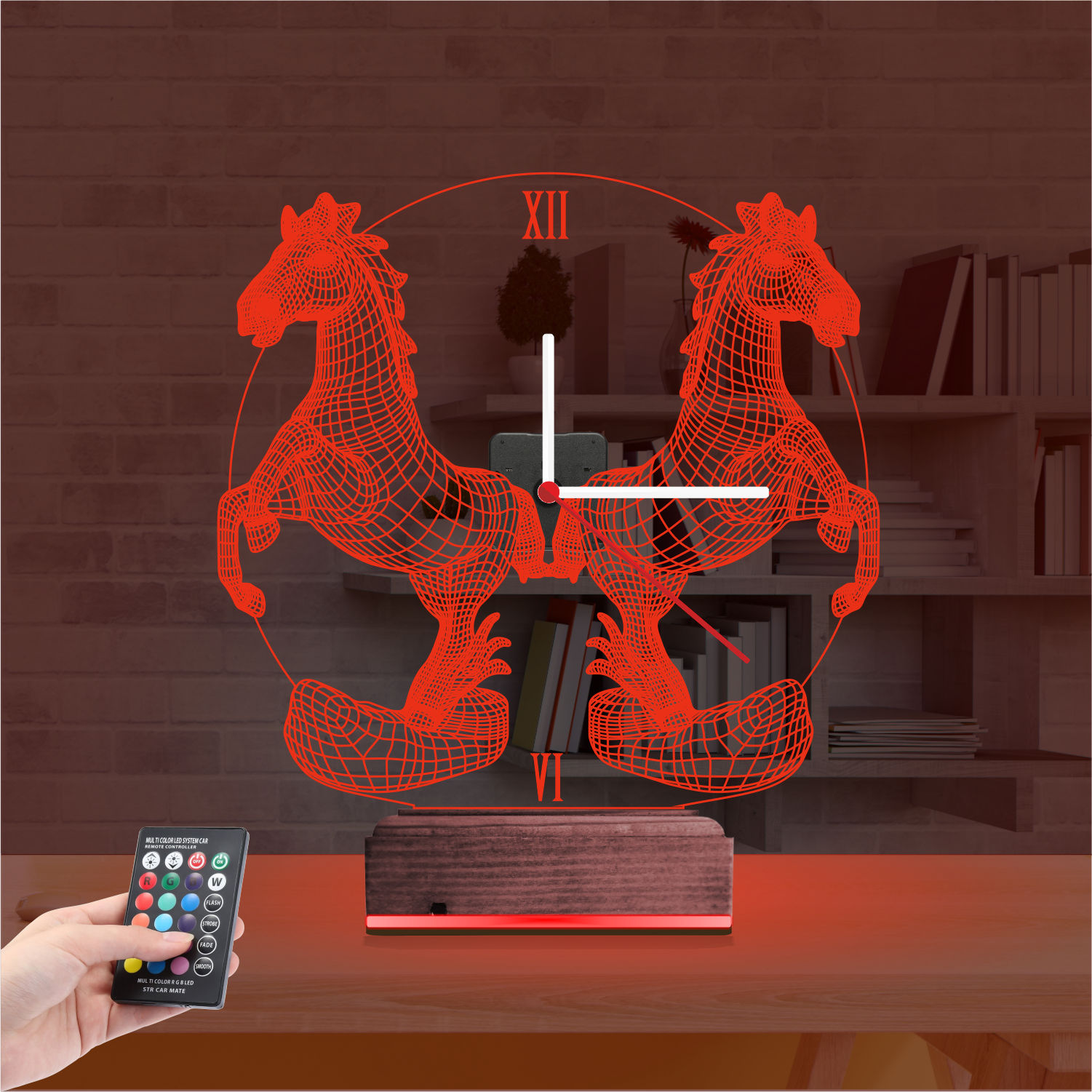 Подарок для мужчины: два коня с часами 3d светильник 6