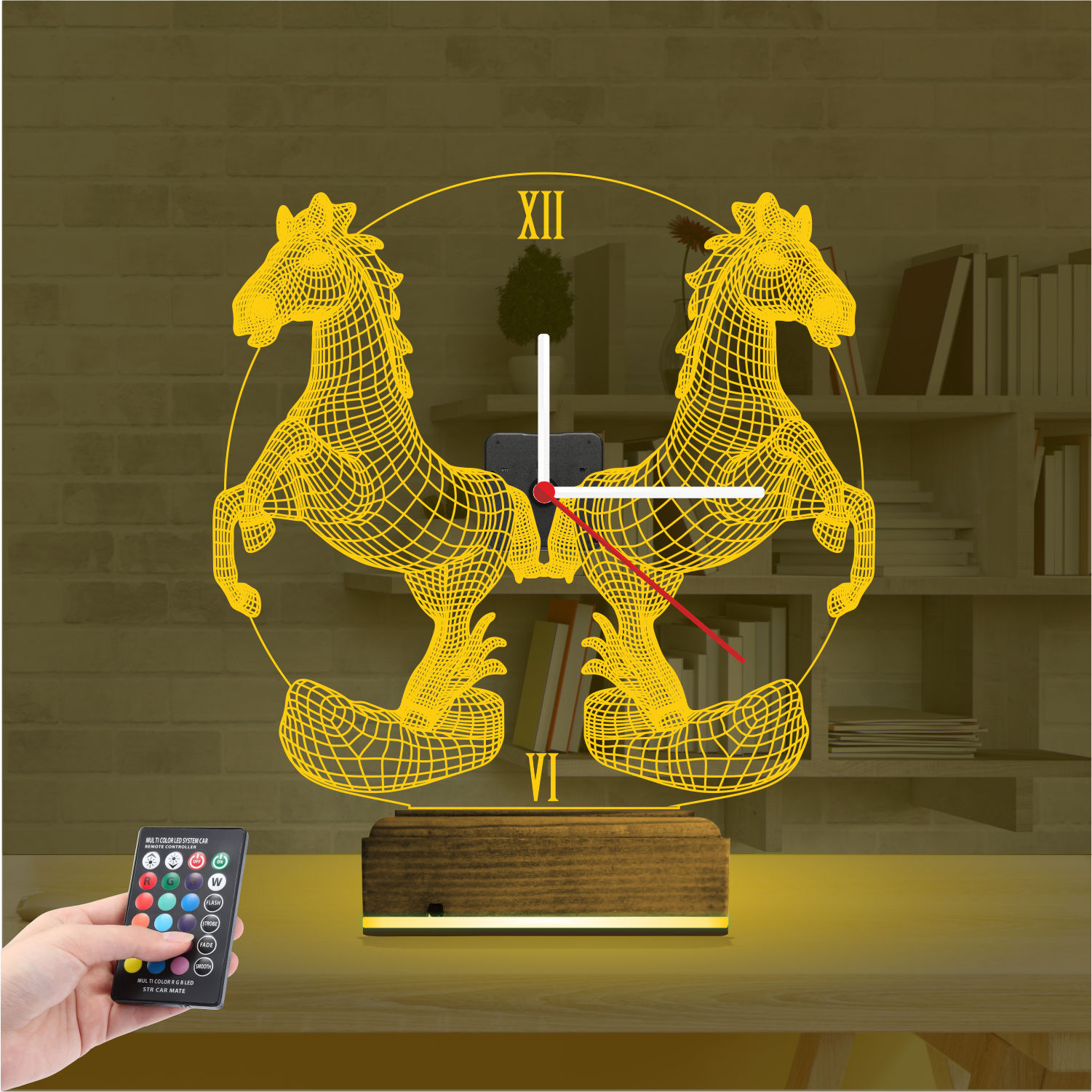 Подарок для мужчины: два коня с часами 3d светильник 7