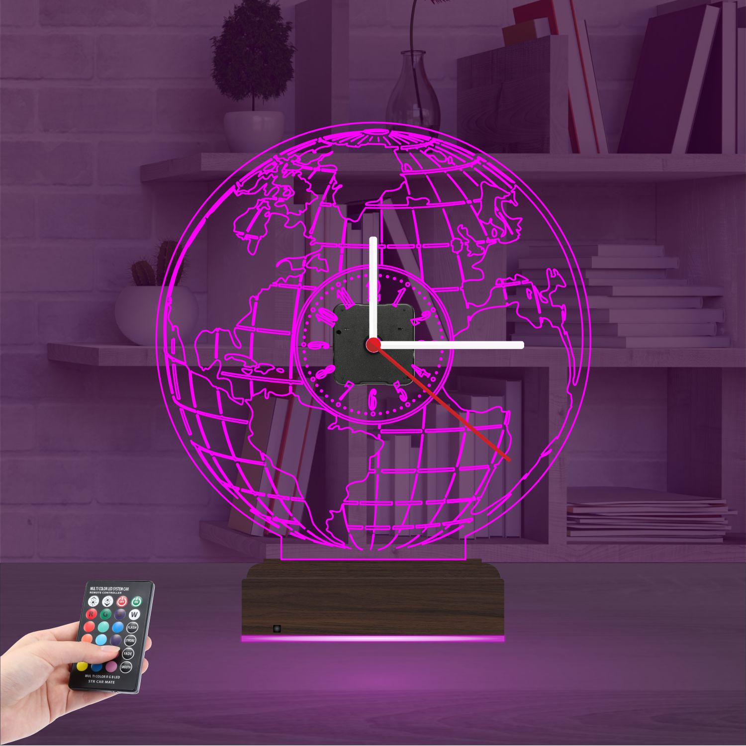 Именной 3D-светильник с часами «Карта мира» 3