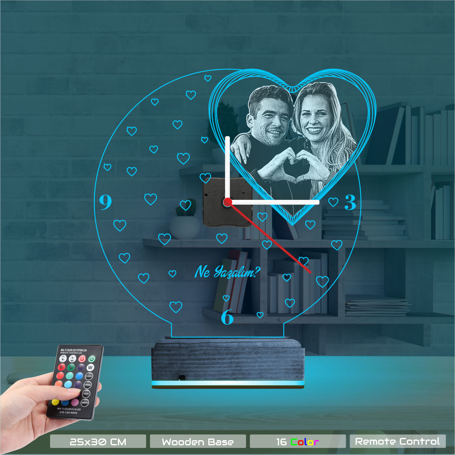 Именной 3D-светильник с вашим фото и часами «Сердце в любви» 8