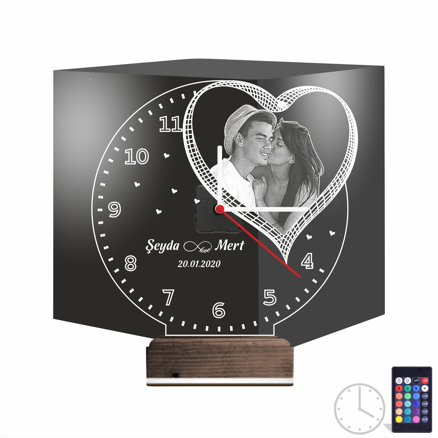 Именной 3D-светильник с вашим фото и часами «Сердце» 5