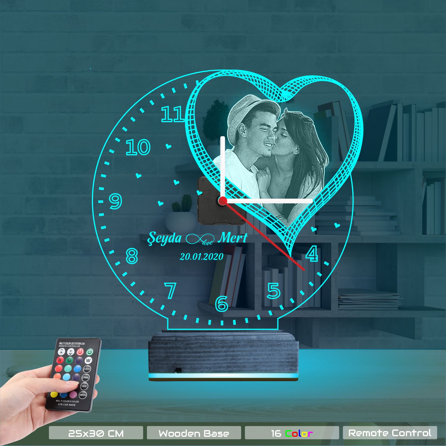Именной 3D-светильник с вашим фото и часами «Сердце» 9