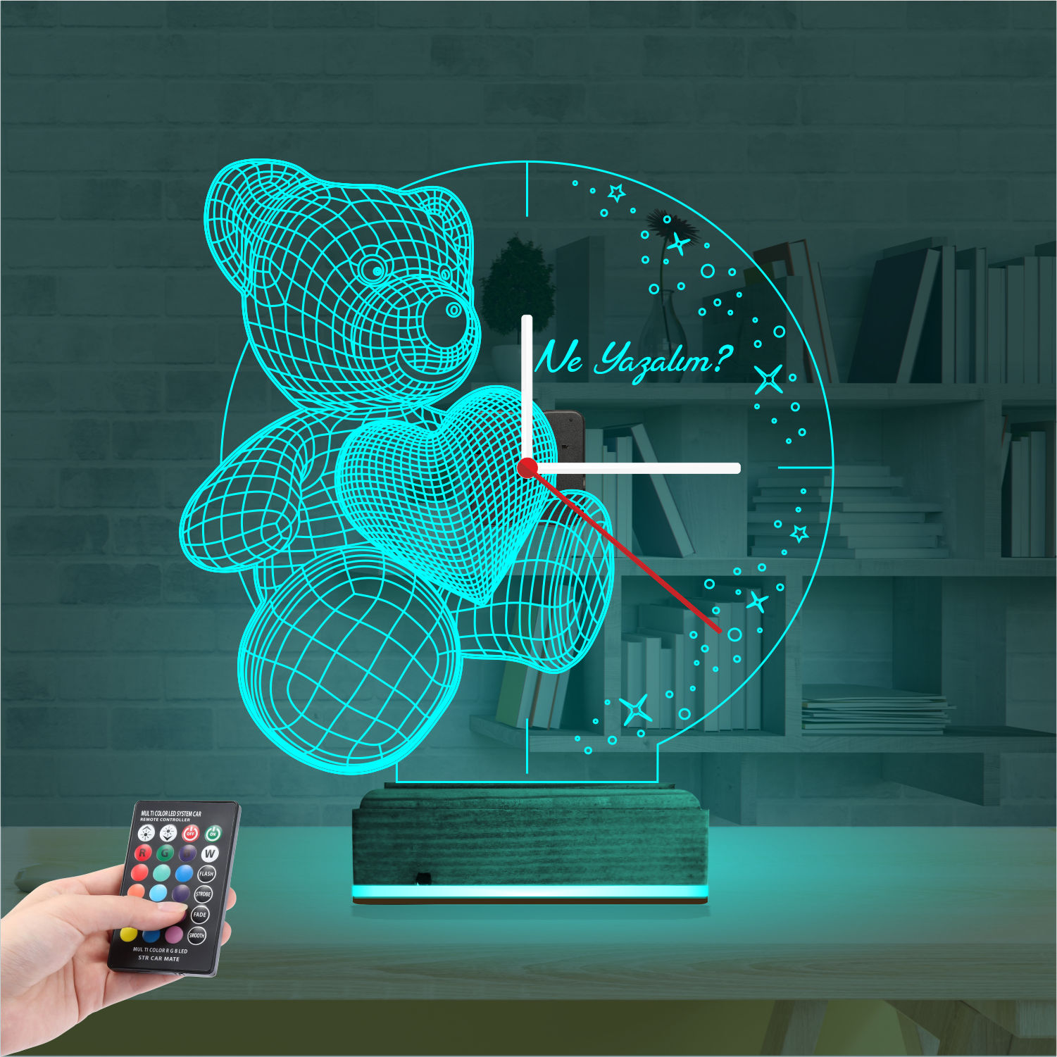 Именной 3D-светильник с часами «Мишка с сердцем» 2