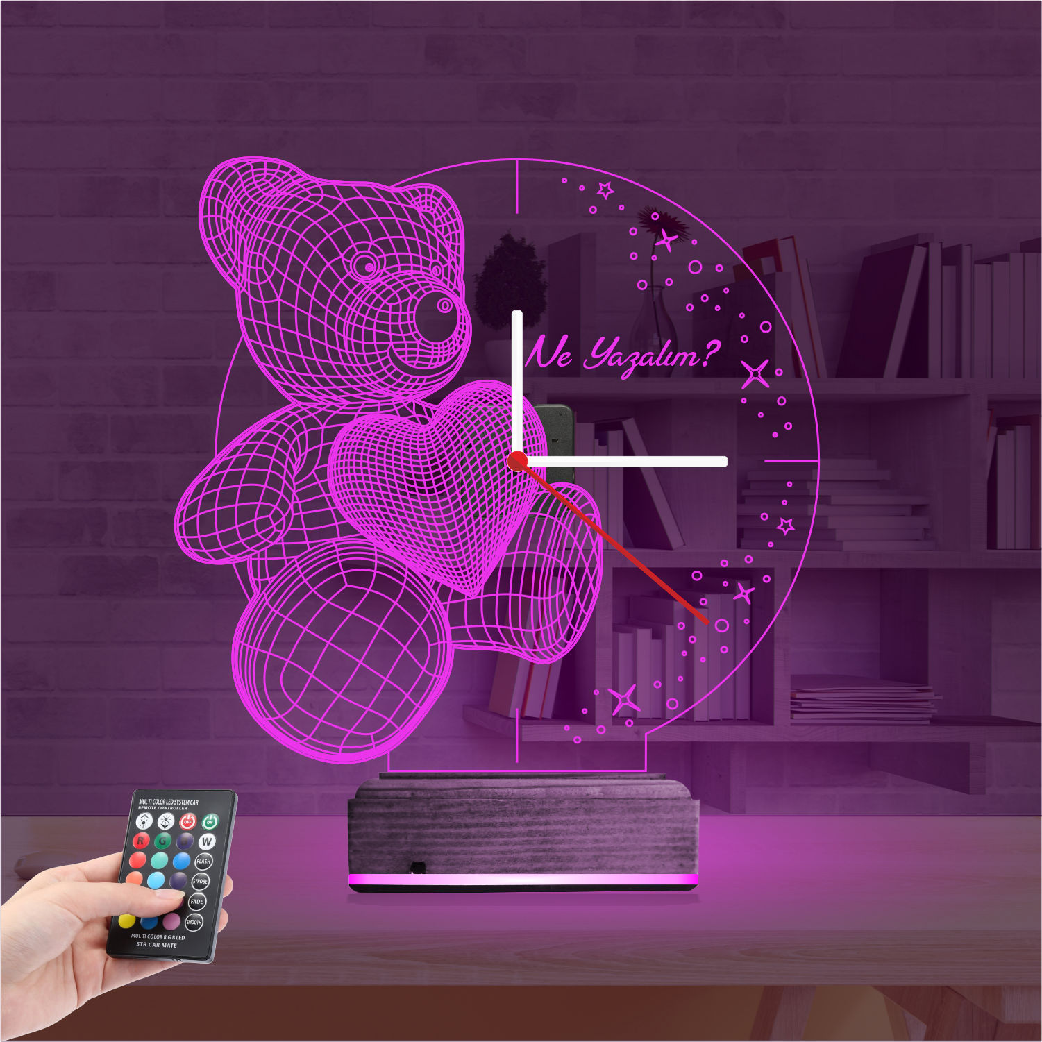 Именной 3D-светильник с часами «Мишка с сердцем» 3