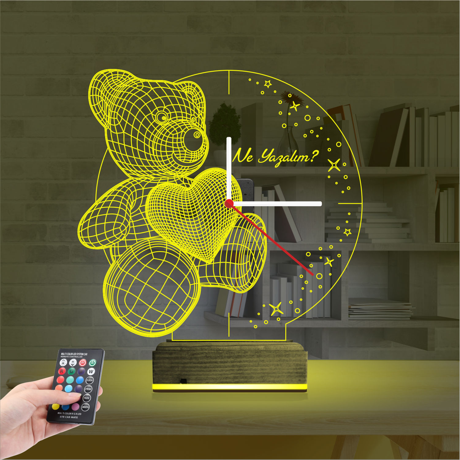 Именной 3D-светильник с часами «Мишка с сердцем» 4