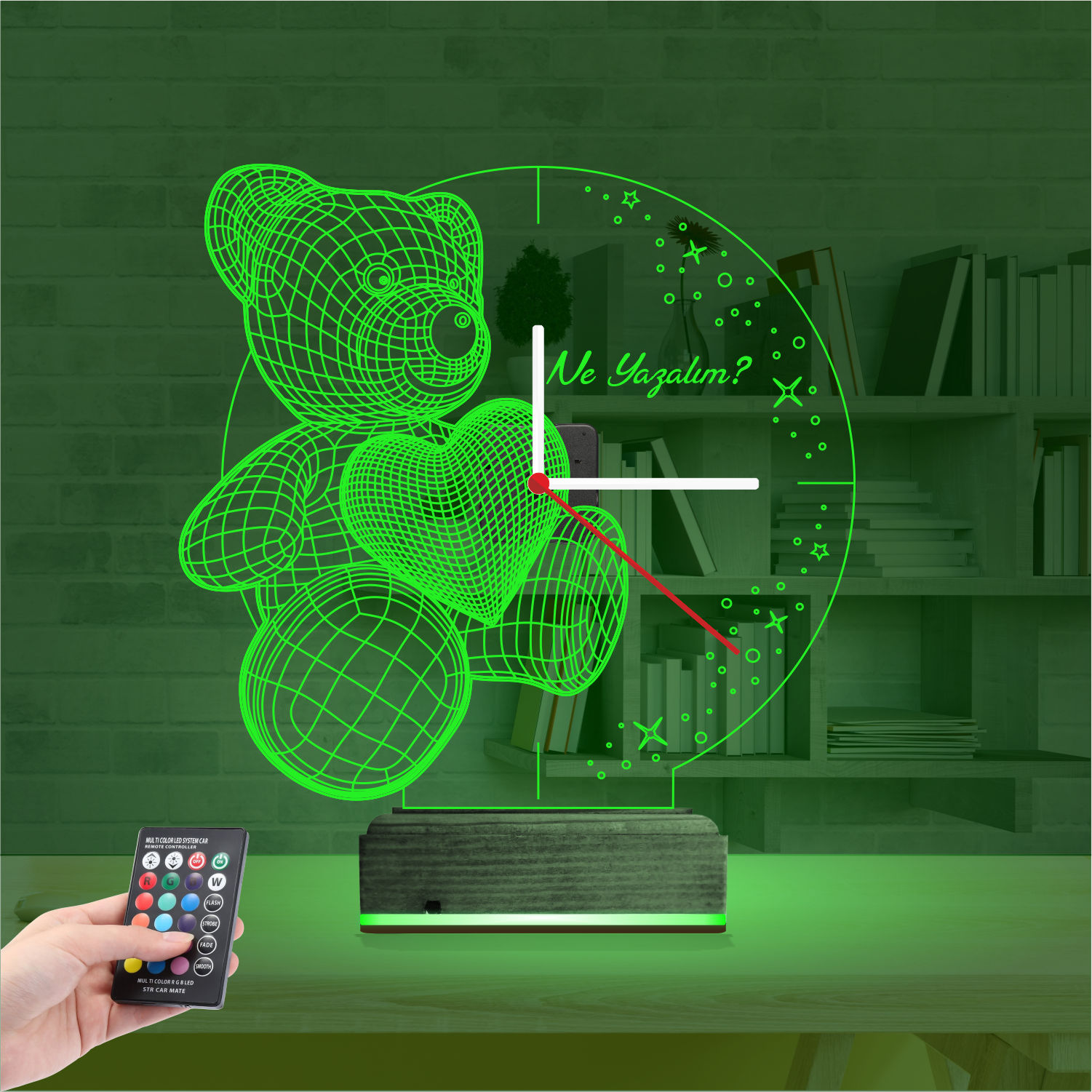 Именной 3D-светильник с часами «Мишка с сердцем» 5