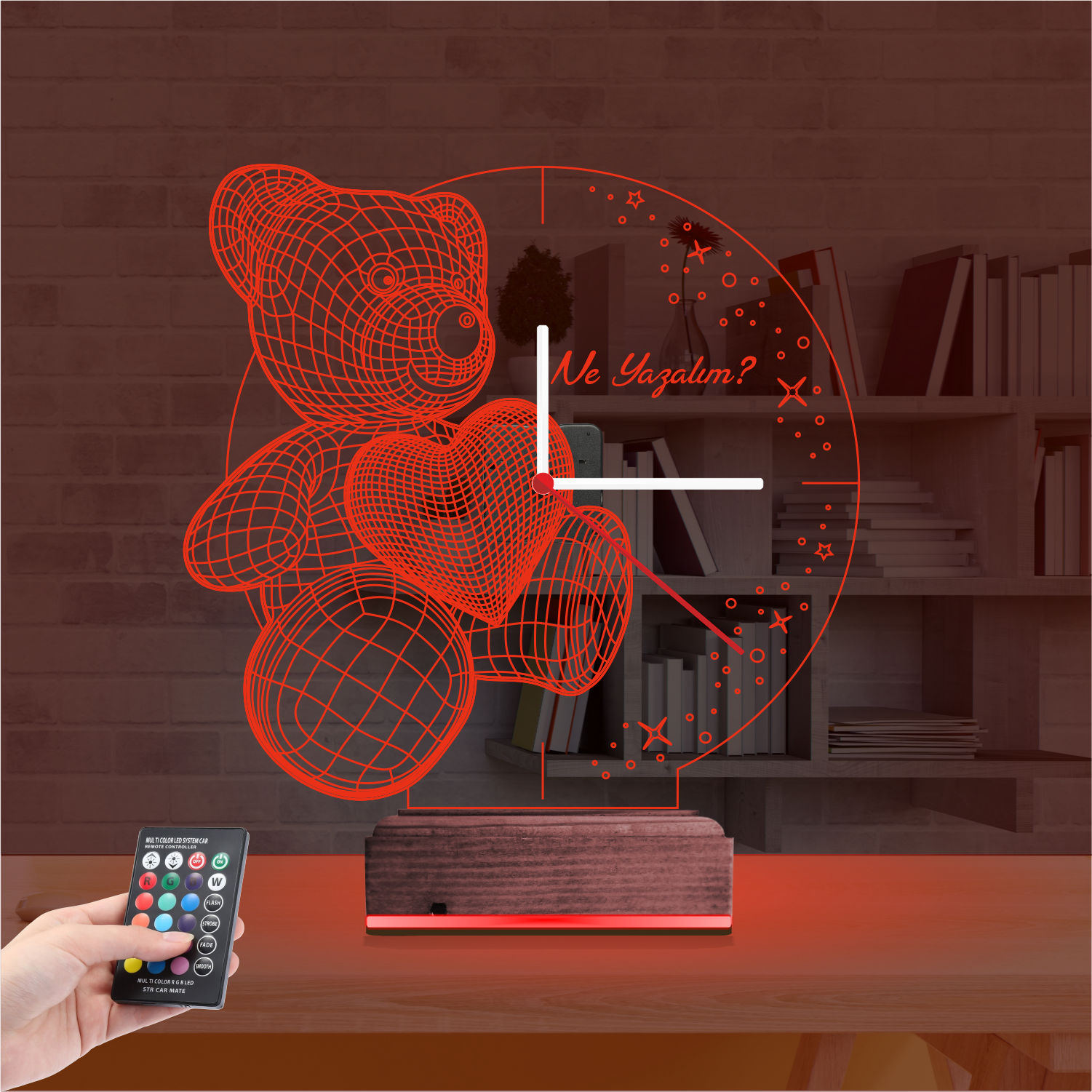 Именной 3D-светильник с часами «Мишка с сердцем» 6