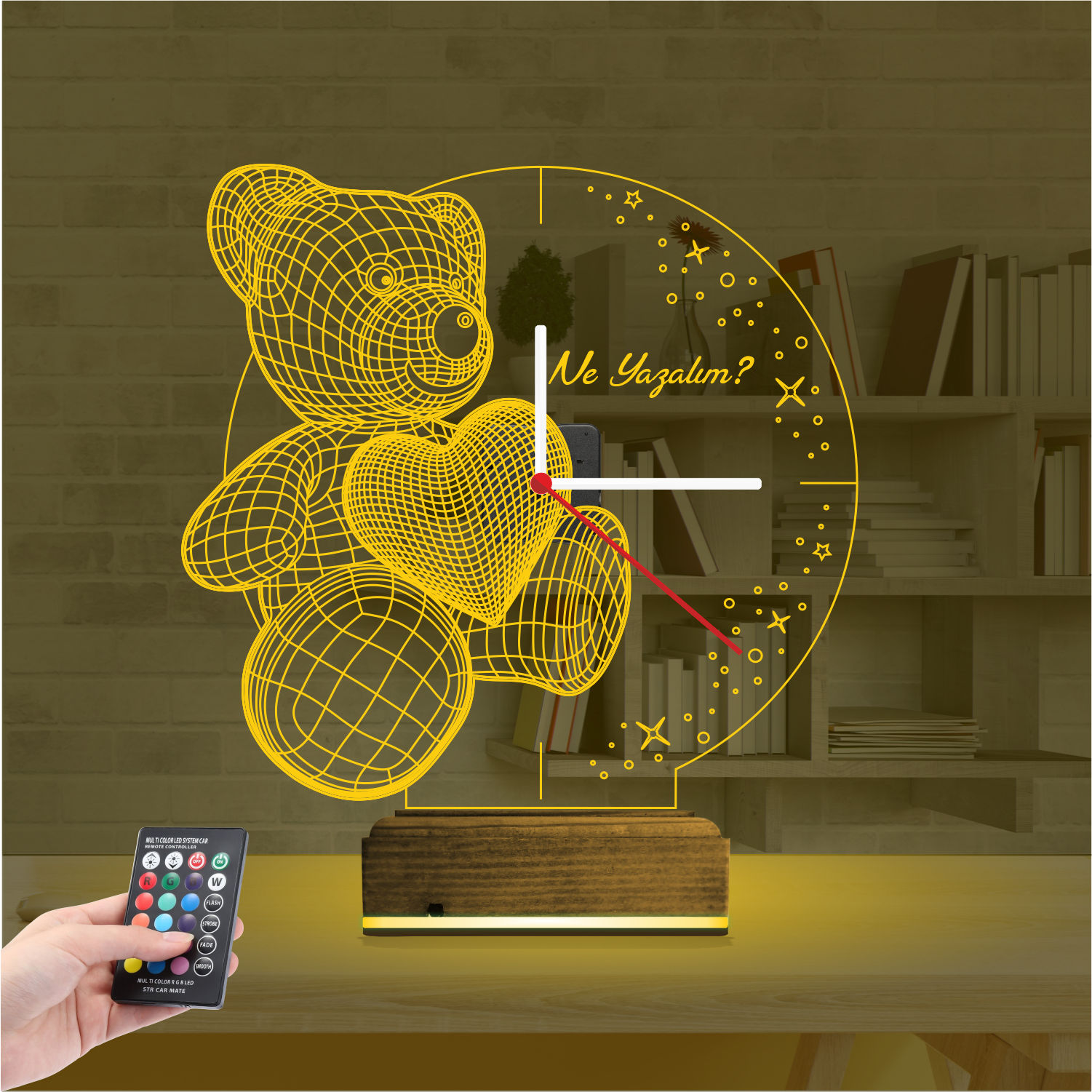 Именной 3D-светильник с часами «Мишка с сердцем» 7