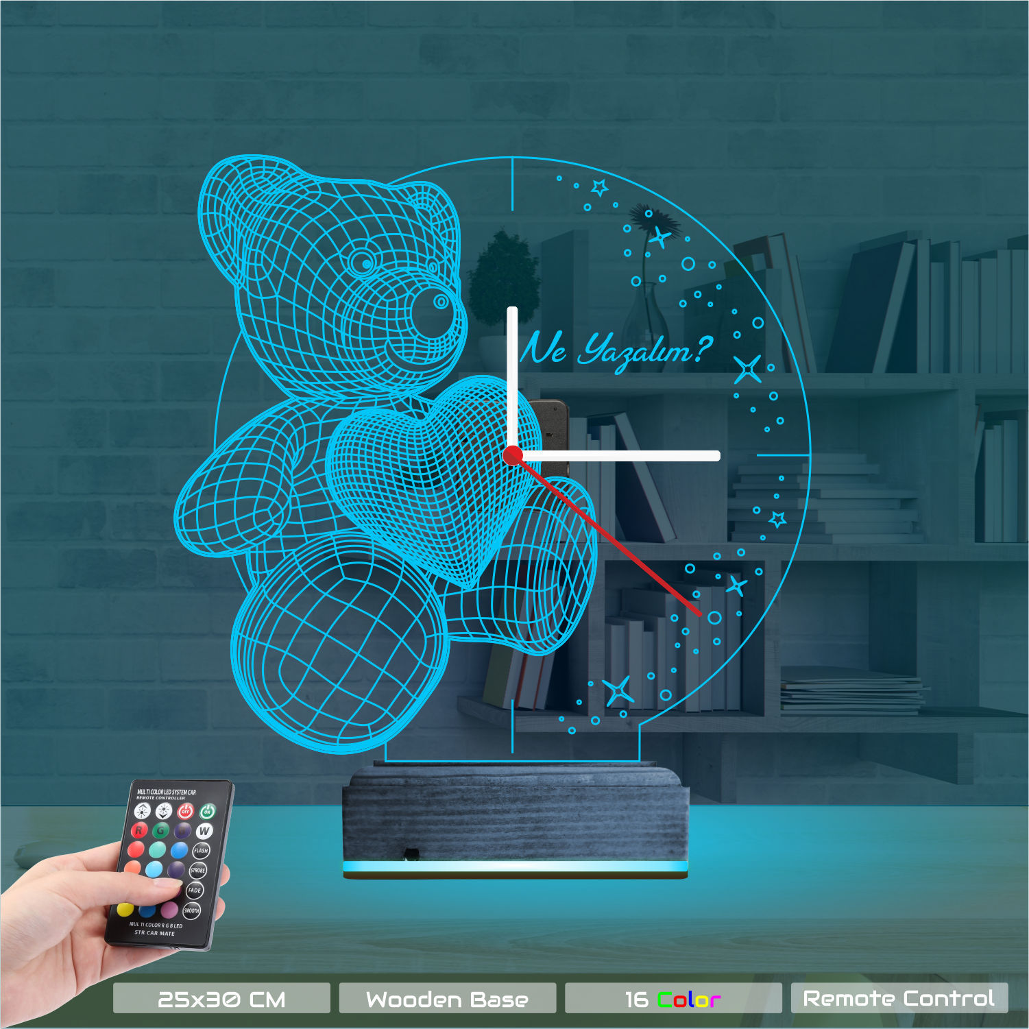 Именной 3D-светильник с часами «Мишка с сердцем» 8