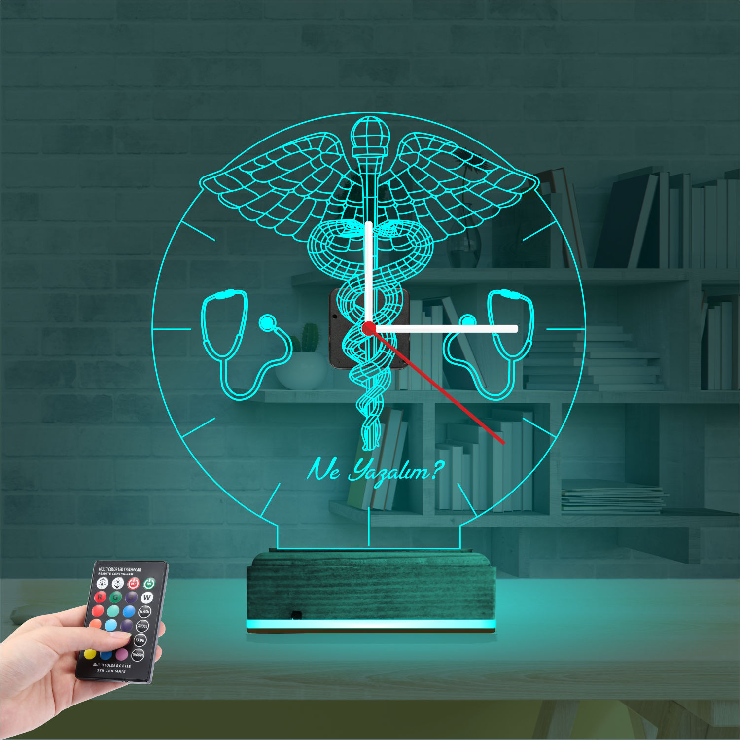 Именной 3D-светильник с часами «Кадуцей и Стетоскоп» 2