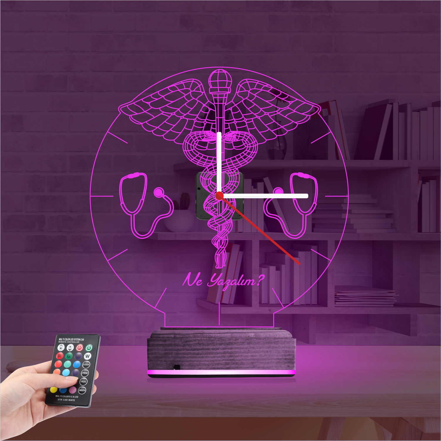 Именной 3D-светильник с часами «Кадуцей и Стетоскоп» 3