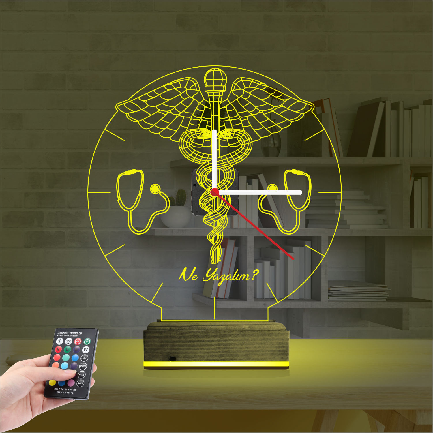 Именной 3D-светильник с часами «Кадуцей и Стетоскоп» 4