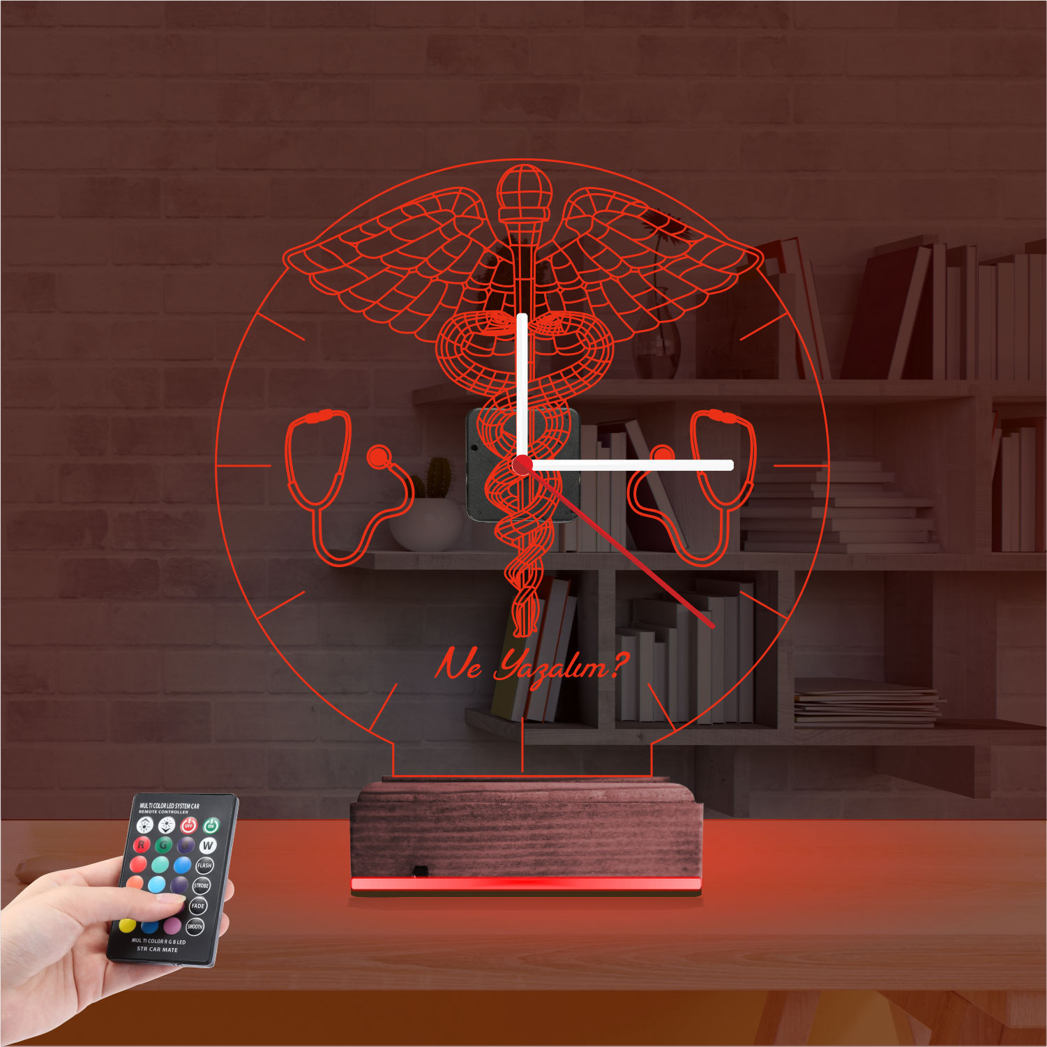 Именной 3D-светильник с часами «Кадуцей и Стетоскоп» 6