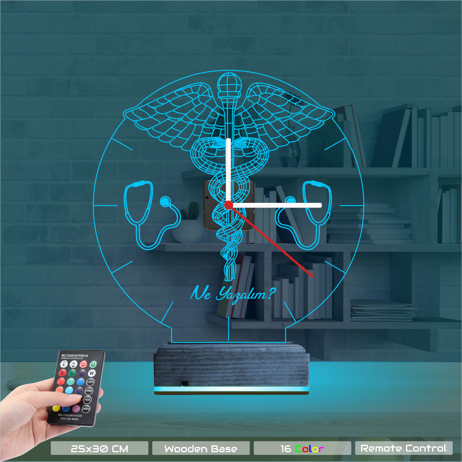 Именной 3D-светильник с часами «Кадуцей и Стетоскоп» 8