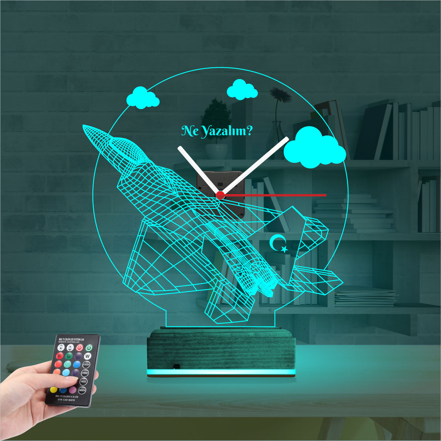 Именной подарок: истребитель с турецким флагом и часами 3d светильник 2