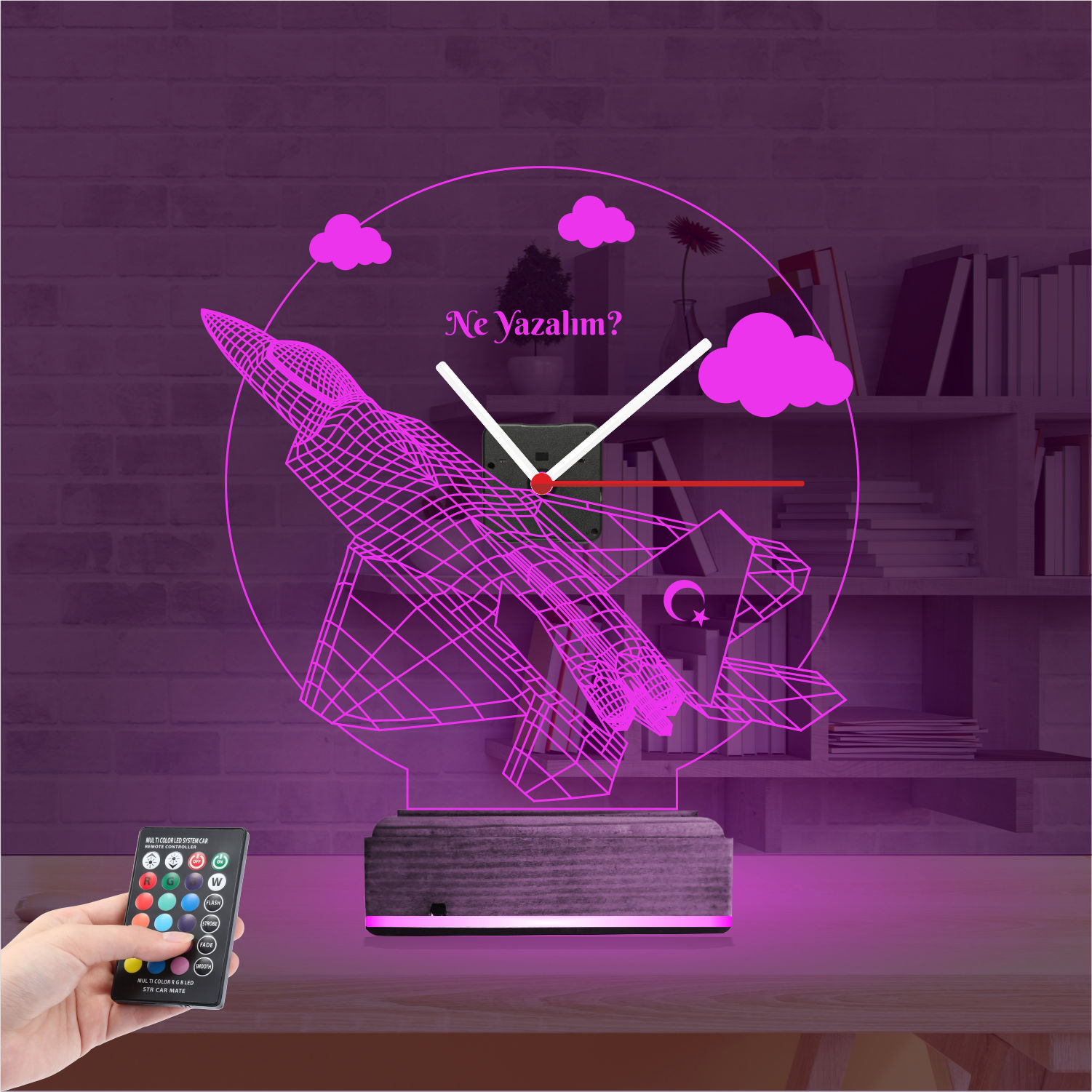 Именной подарок: истребитель с турецким флагом и часами 3d светильник 3