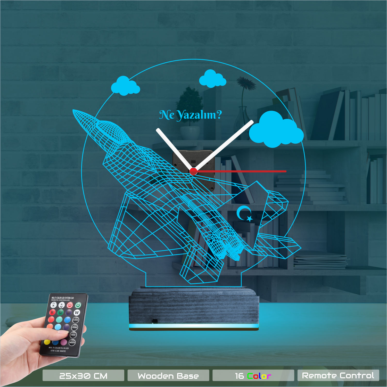 Именной подарок: истребитель с турецким флагом и часами 3d светильник 8