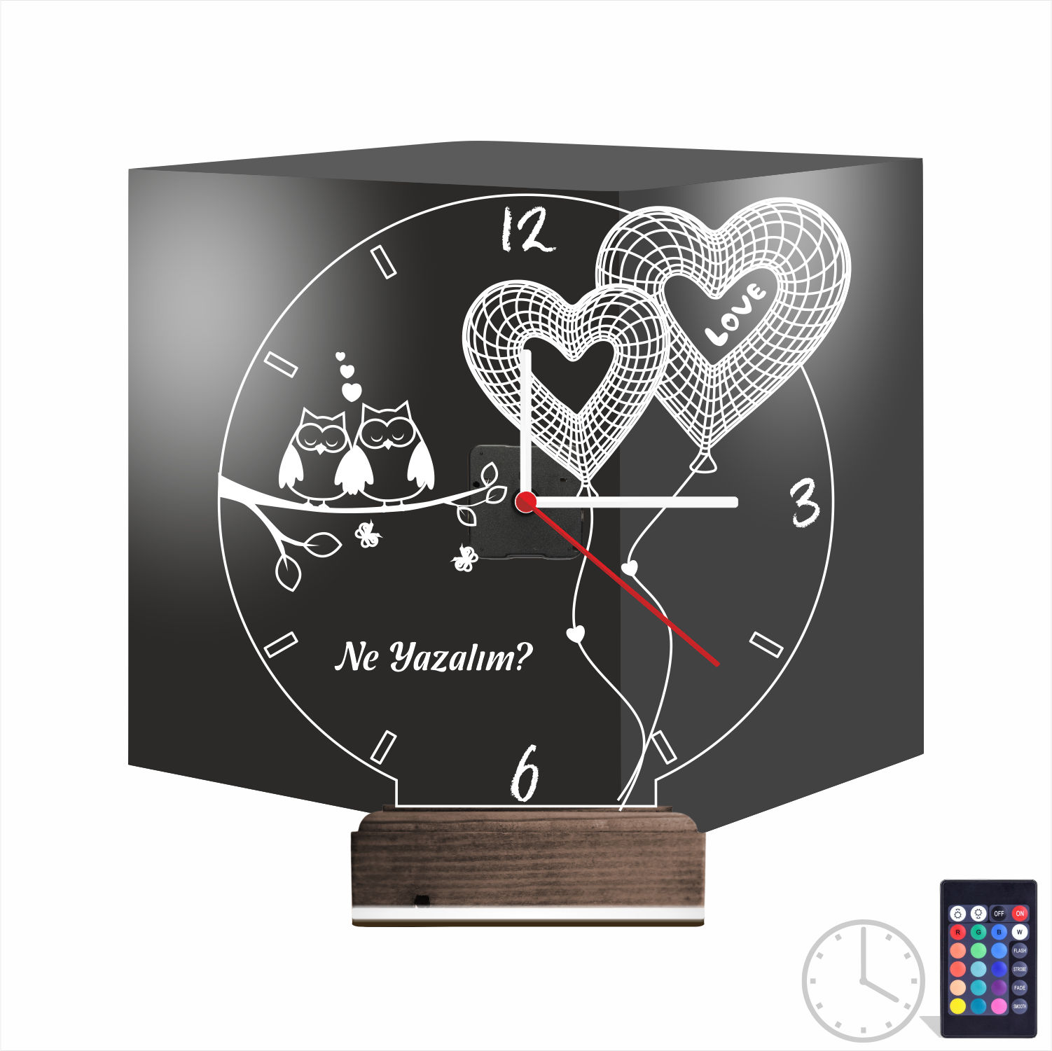 Именной подарок: совы на ветке и сердца-шары с часами 3d светильник 8