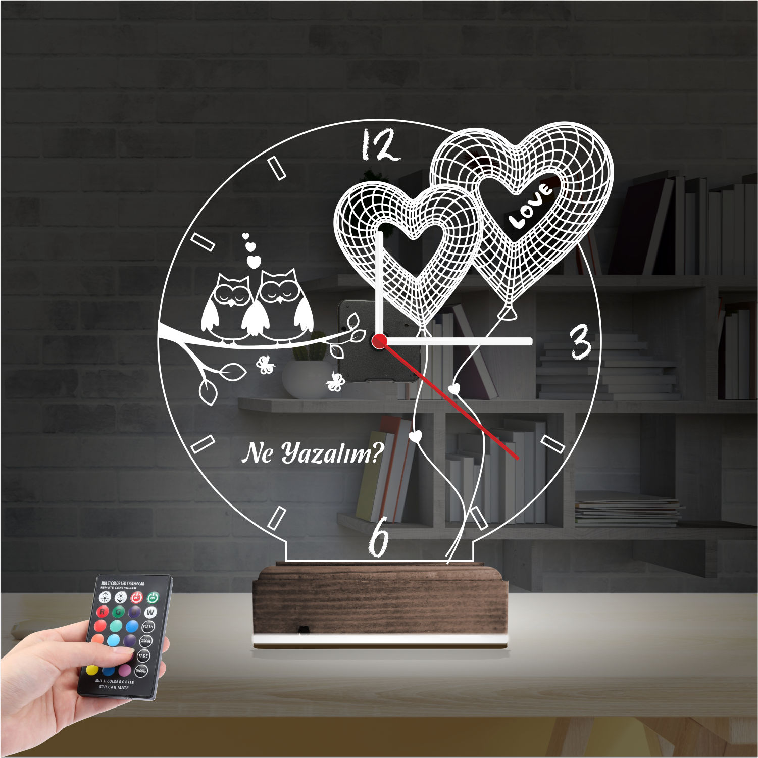 Именной подарок: совы на ветке и сердца-шары с часами 3d светильник 7