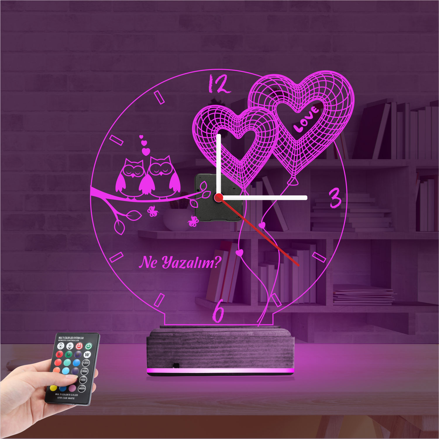 Именной подарок: совы на ветке и сердца-шары с часами 3d светильник 2