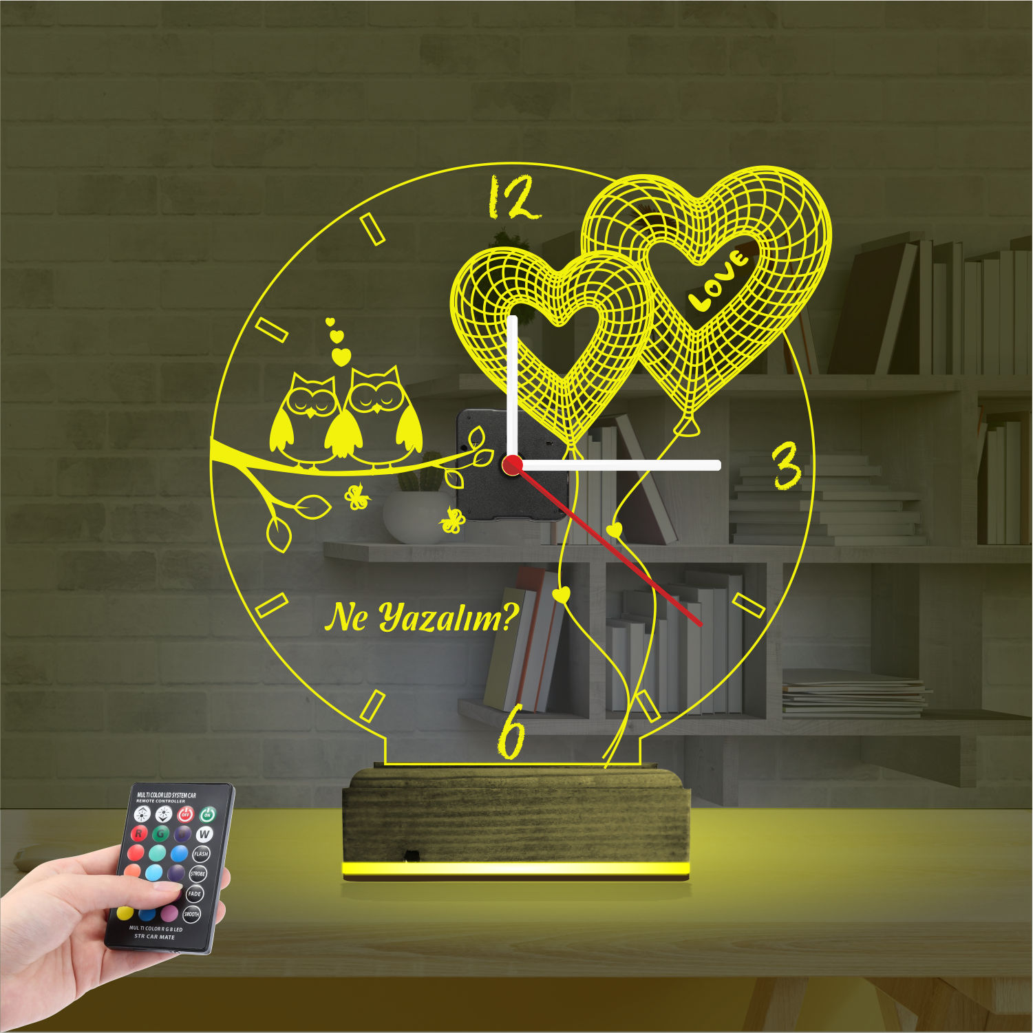 Именной подарок: совы на ветке и сердца-шары с часами 3d светильник 3