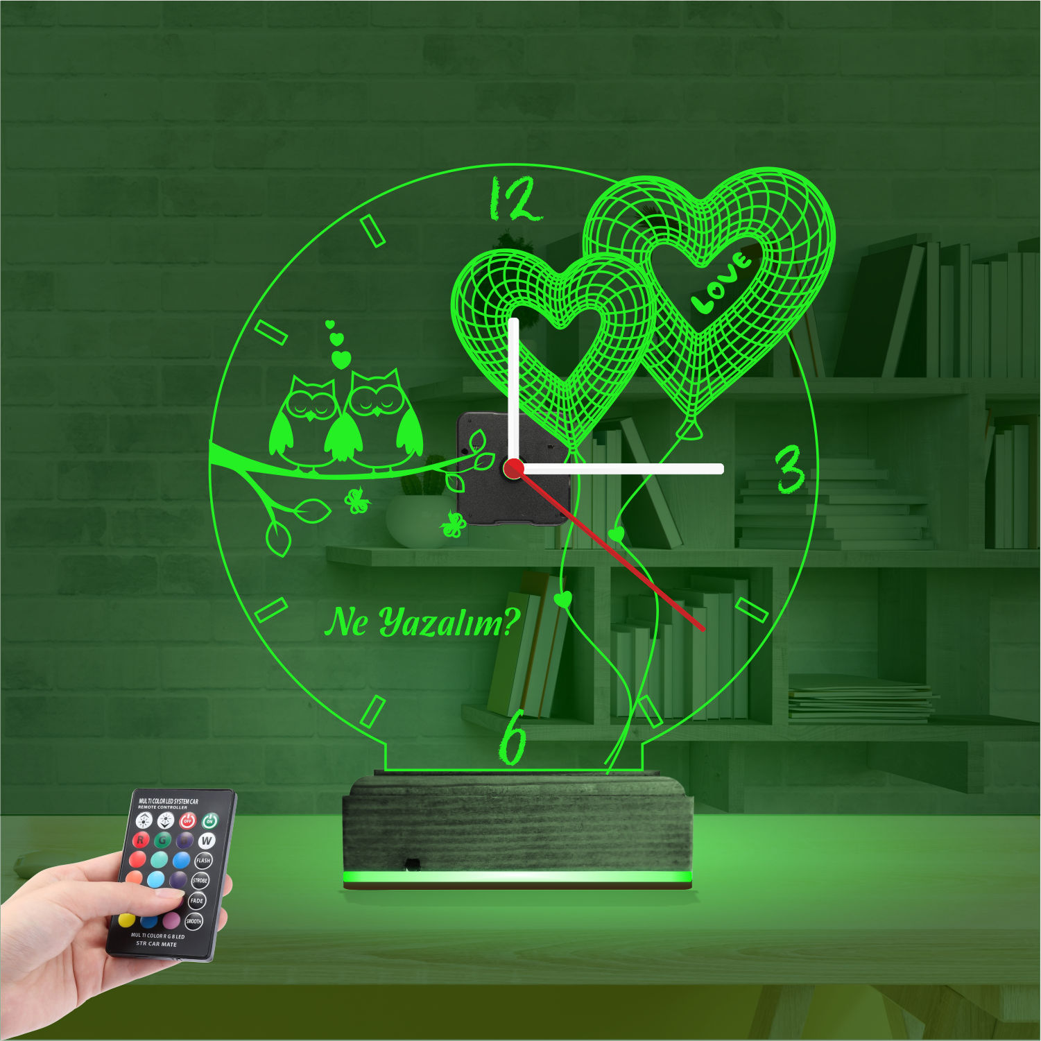 Именной подарок: совы на ветке и сердца-шары с часами 3d светильник 4