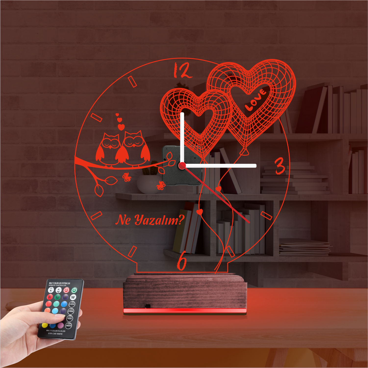 Именной подарок: совы на ветке и сердца-шары с часами 3d светильник 5