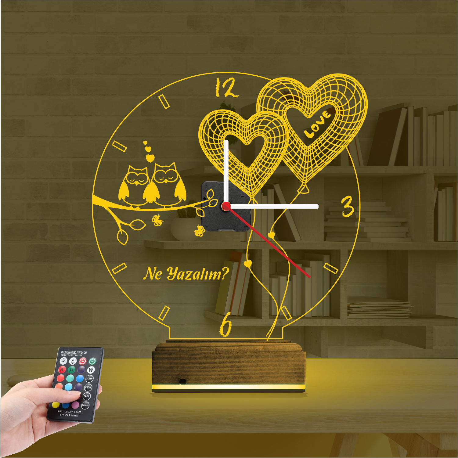 Именной подарок: совы на ветке и сердца-шары с часами 3d светильник 6