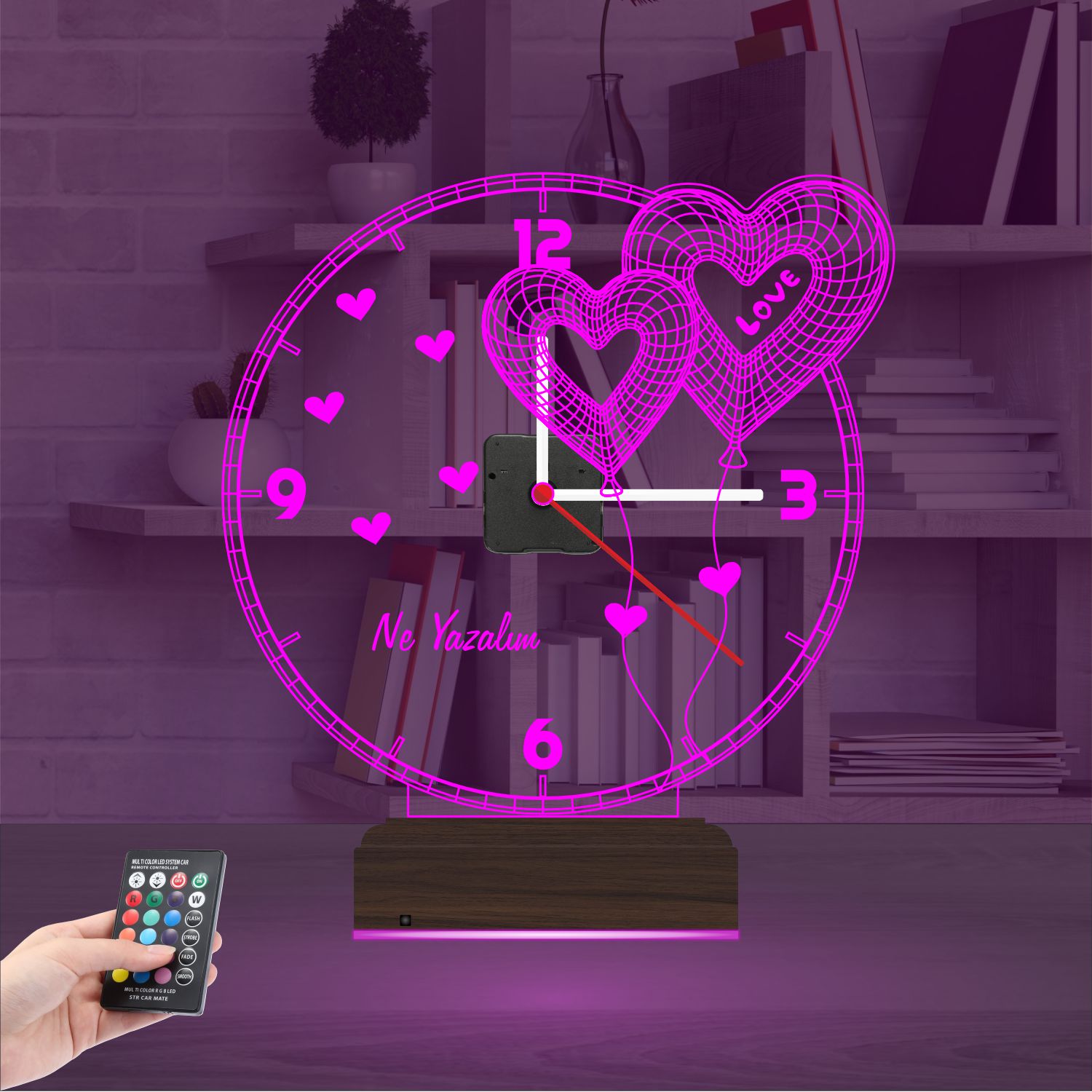 Именной подарок: два сердца-шара с надписью Love и часами 3d светильник 3