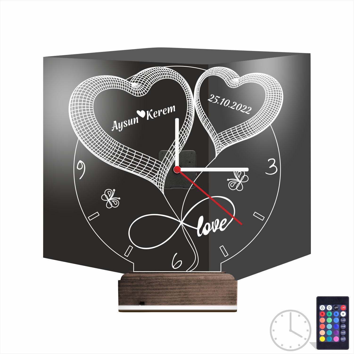 Именной подарок: два сердца с именами, датой и часами 3d светильник 8
