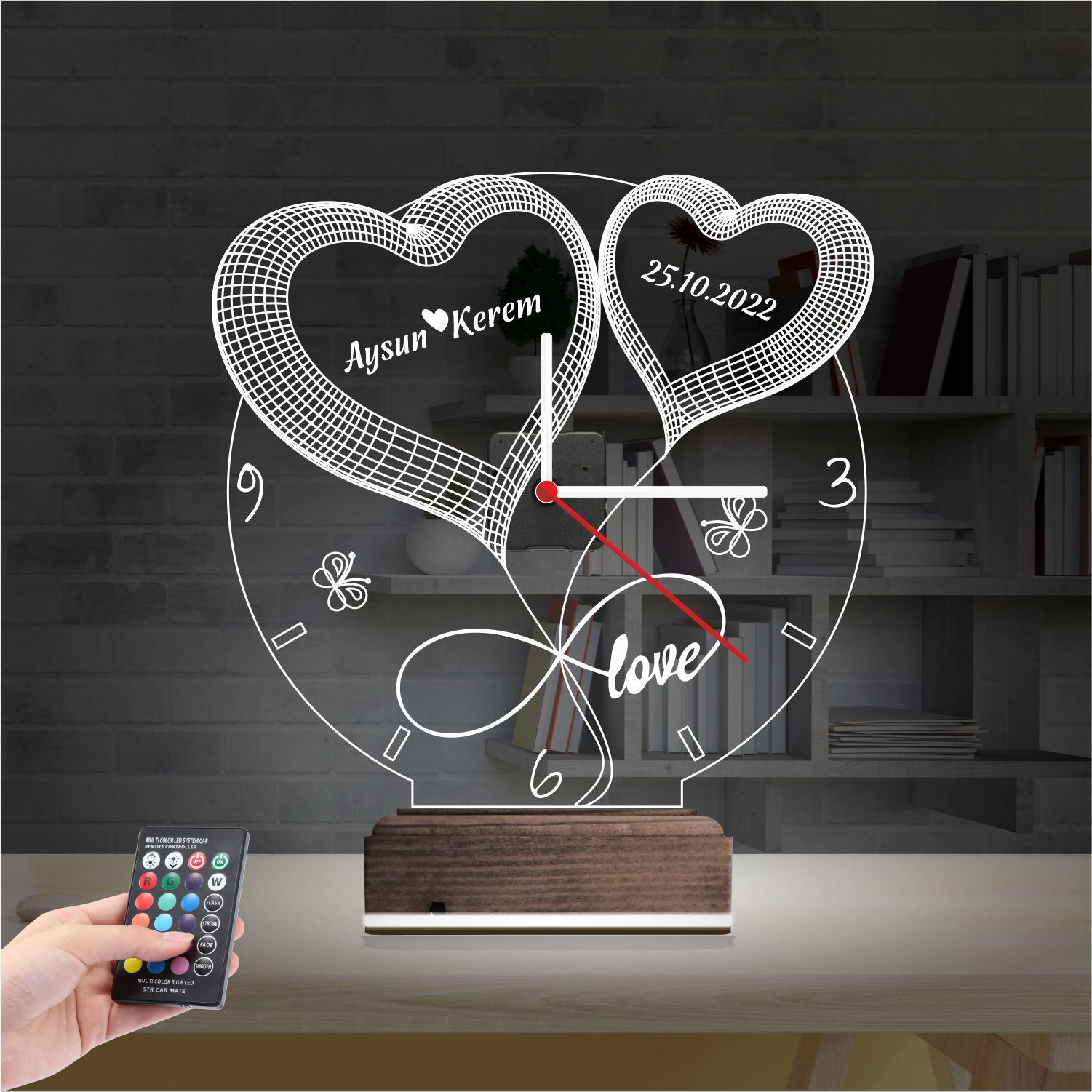 Именной подарок: два сердца с именами, датой и часами 3d светильник 7