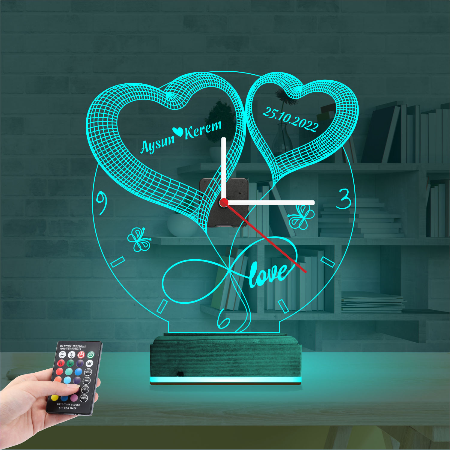 Именной подарок: два сердца с именами, датой и часами 3d светильник 2