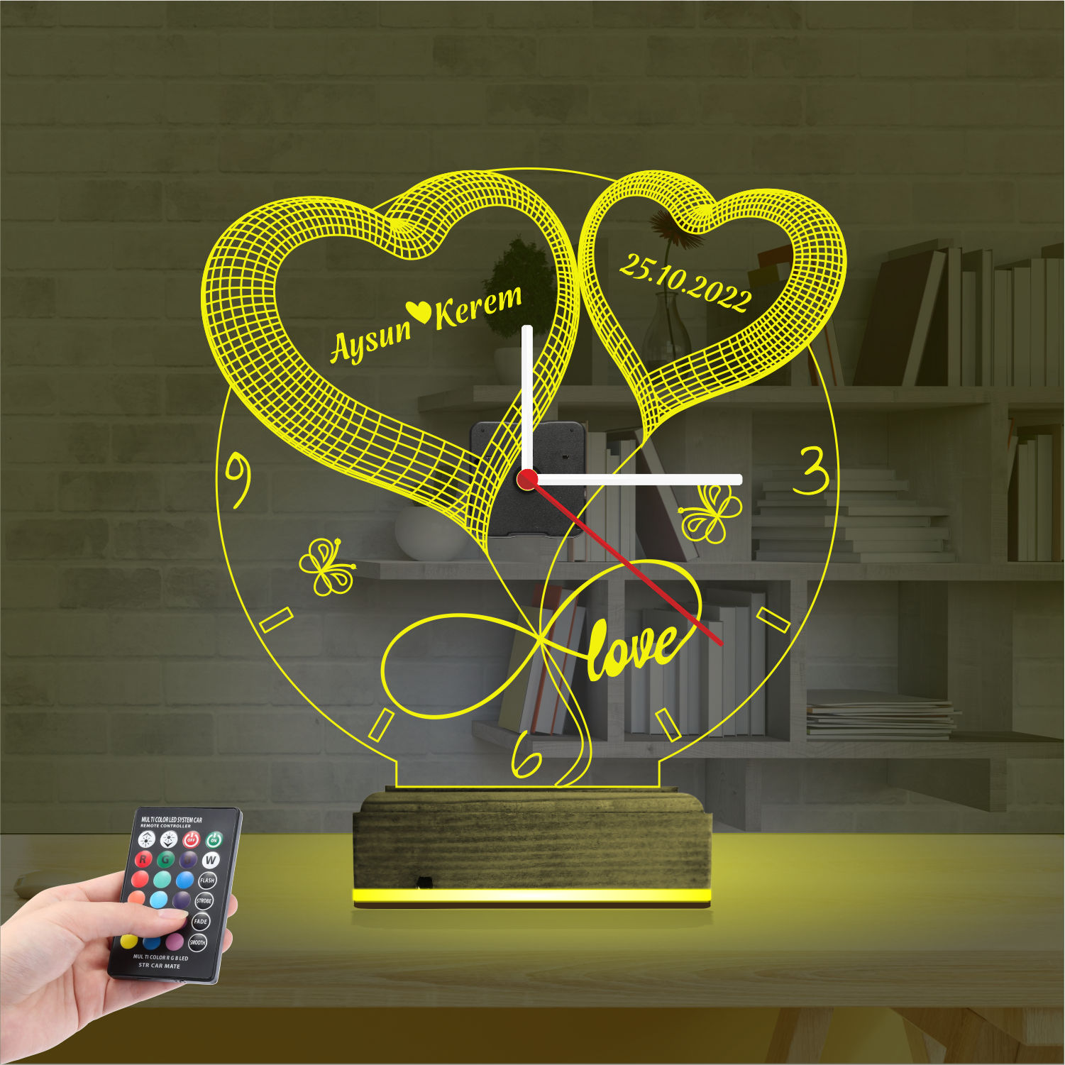 Именной подарок: два сердца с именами, датой и часами 3d светильник 3