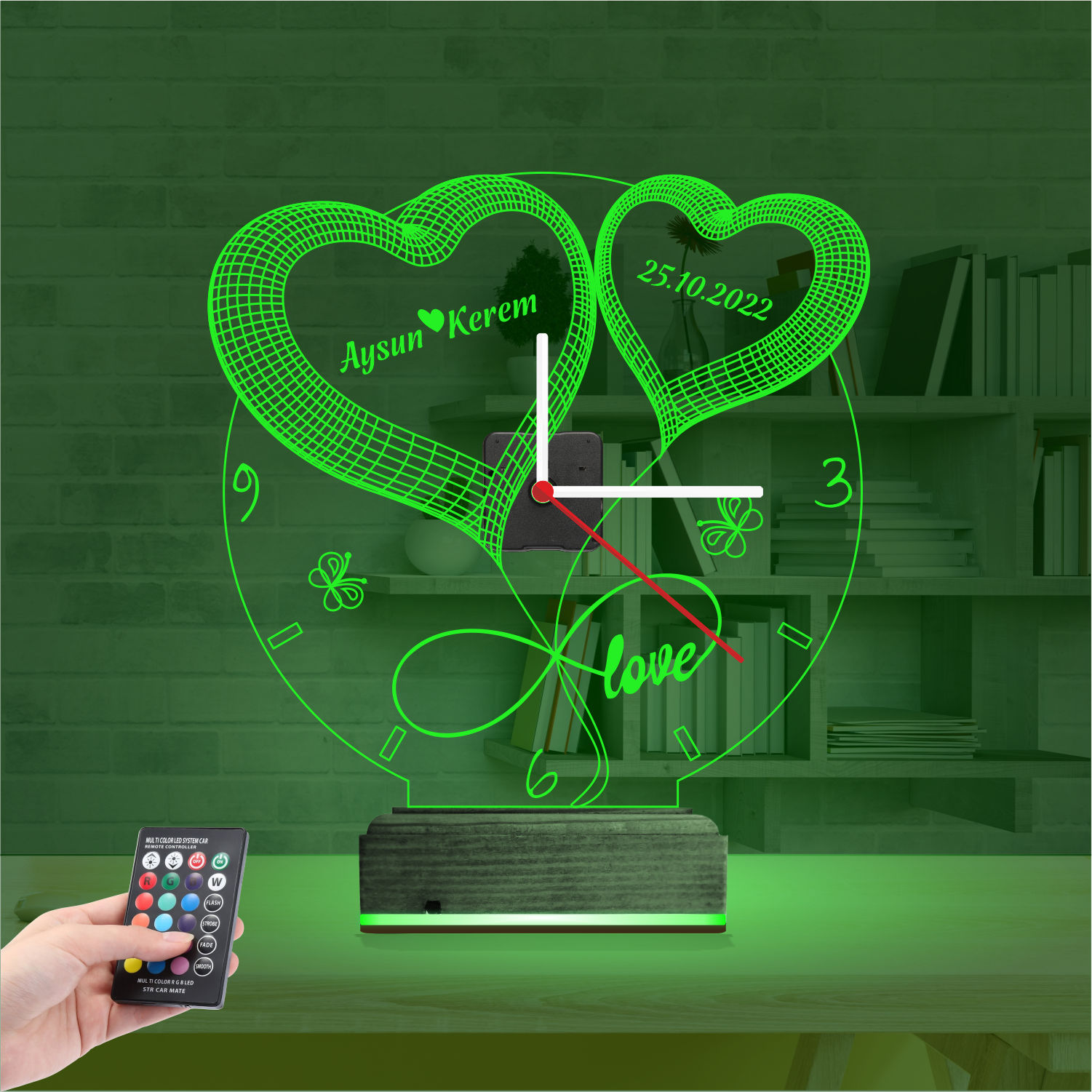 Именной подарок: два сердца с именами, датой и часами 3d светильник 4