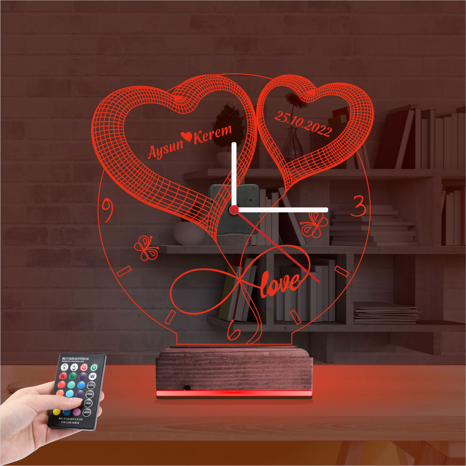 Именной подарок: два сердца с именами, датой и часами 3d светильник 5