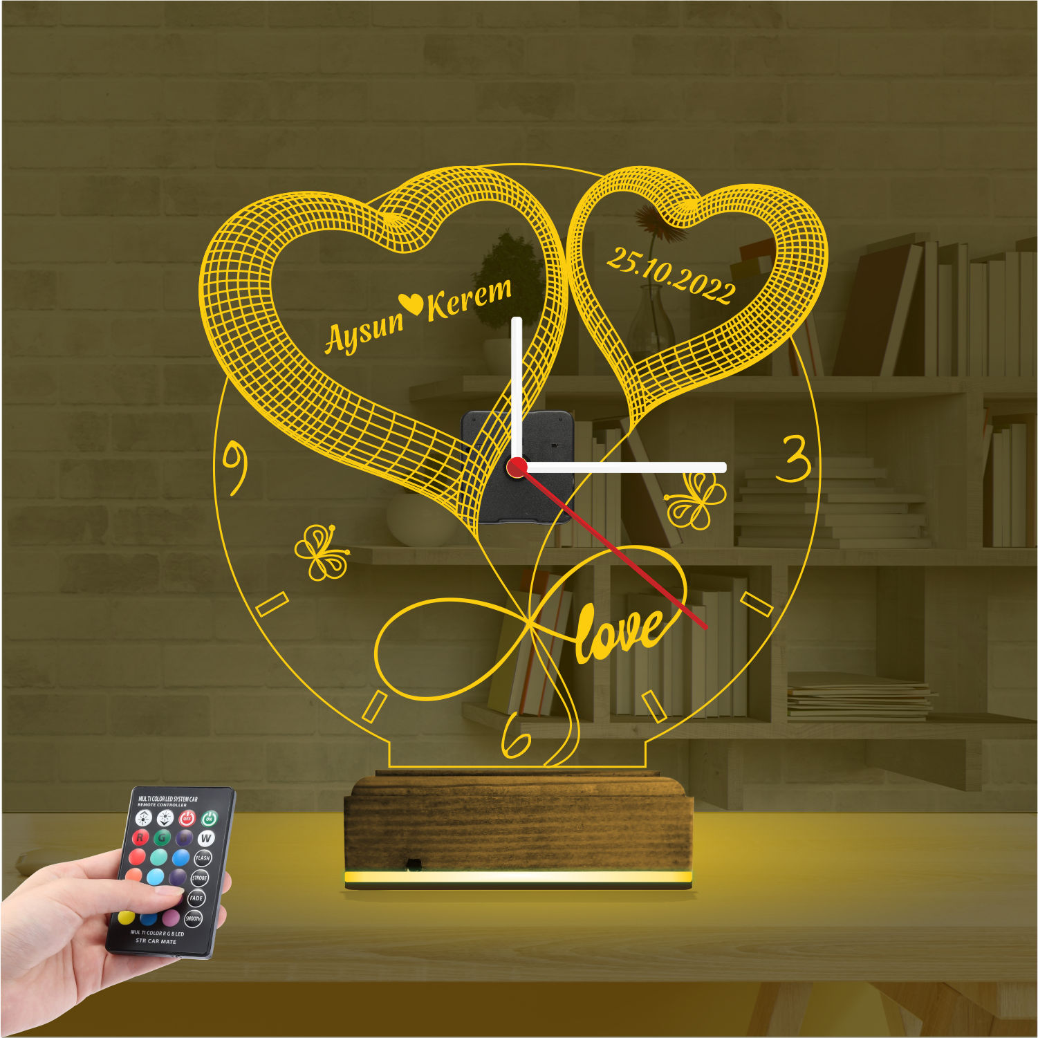 Именной подарок: два сердца с именами, датой и часами 3d светильник 6