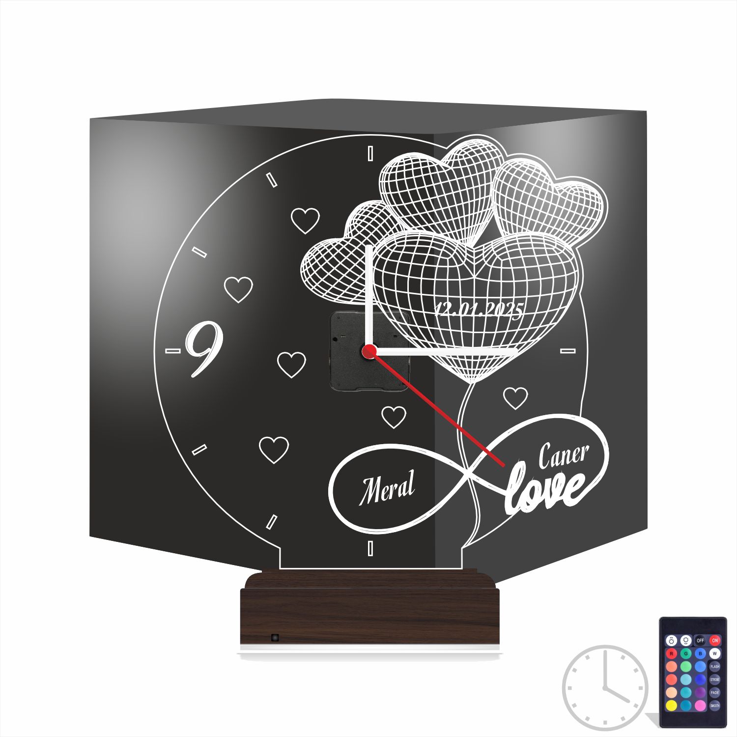 Именной подарок: сердца-шары с датой, именами и часами 3d светильник 9