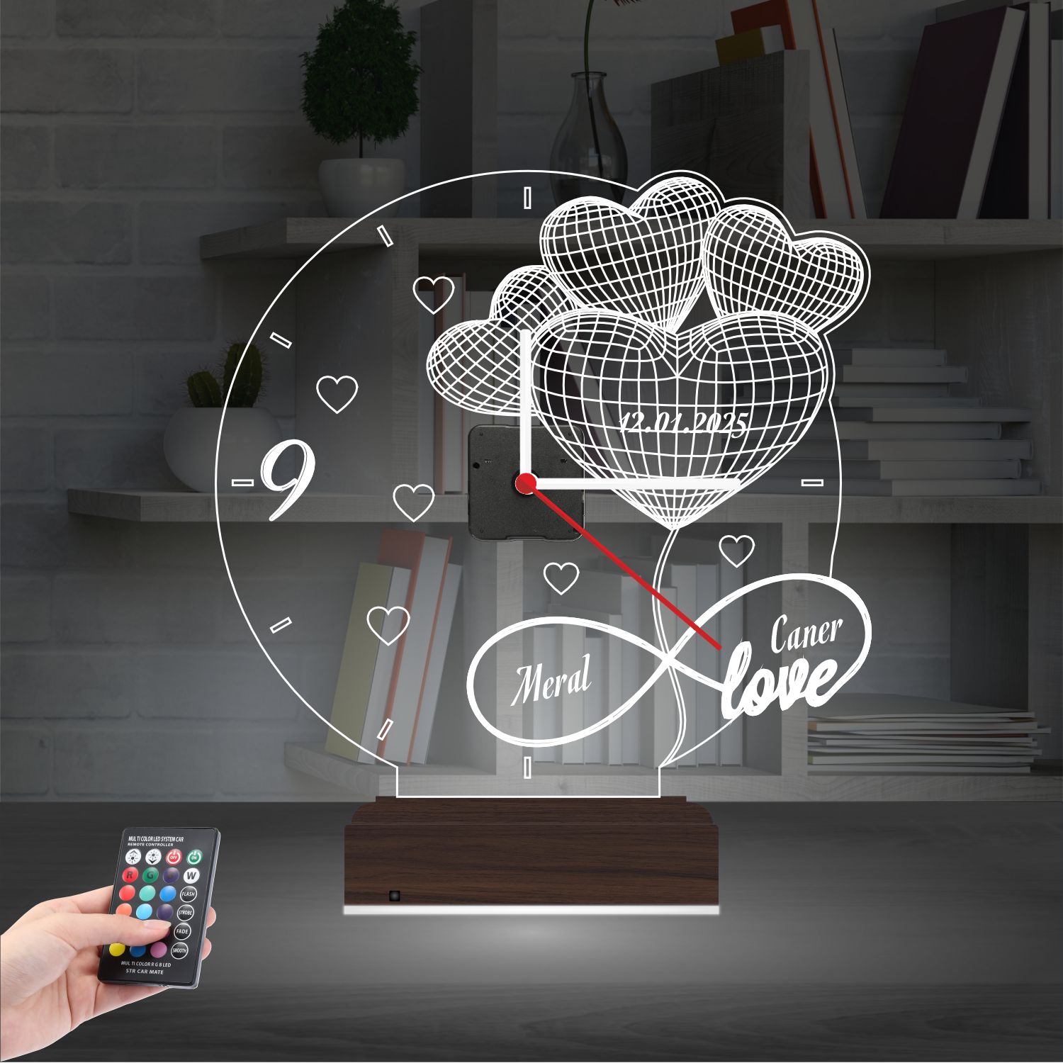 Именной подарок: сердца-шары с датой, именами и часами 3d светильник 8