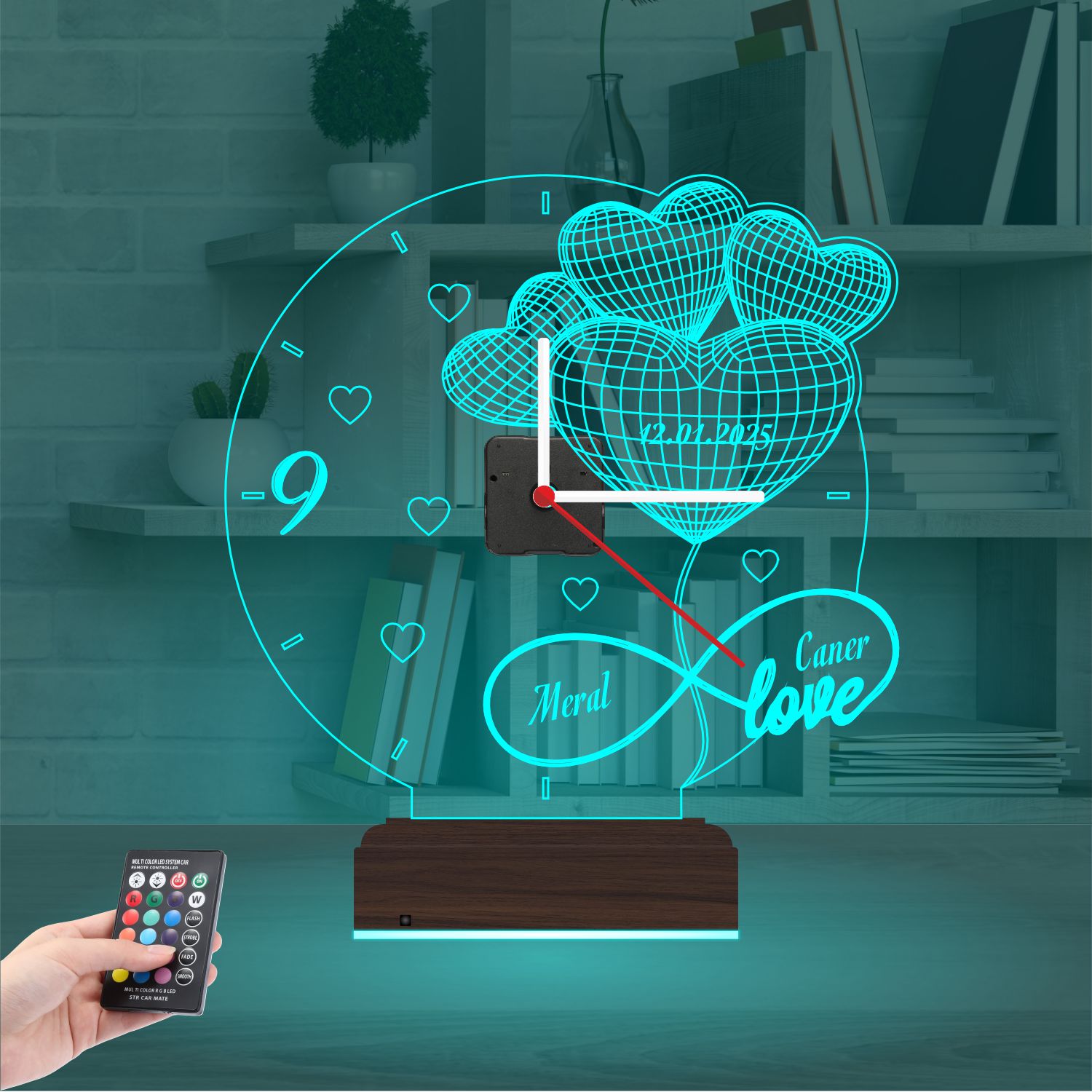 Именной подарок: сердца-шары с датой, именами и часами 3d светильник 2