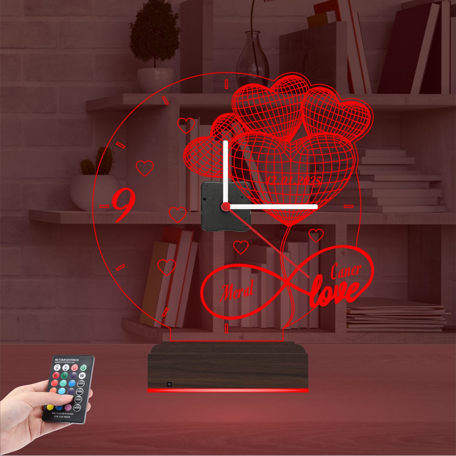 Именной подарок: сердца-шары с датой, именами и часами 3d светильник 3