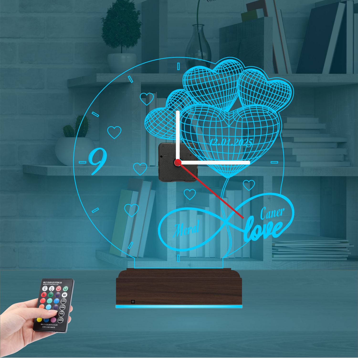 Именной подарок: сердца-шары с датой, именами и часами 3d светильник 7