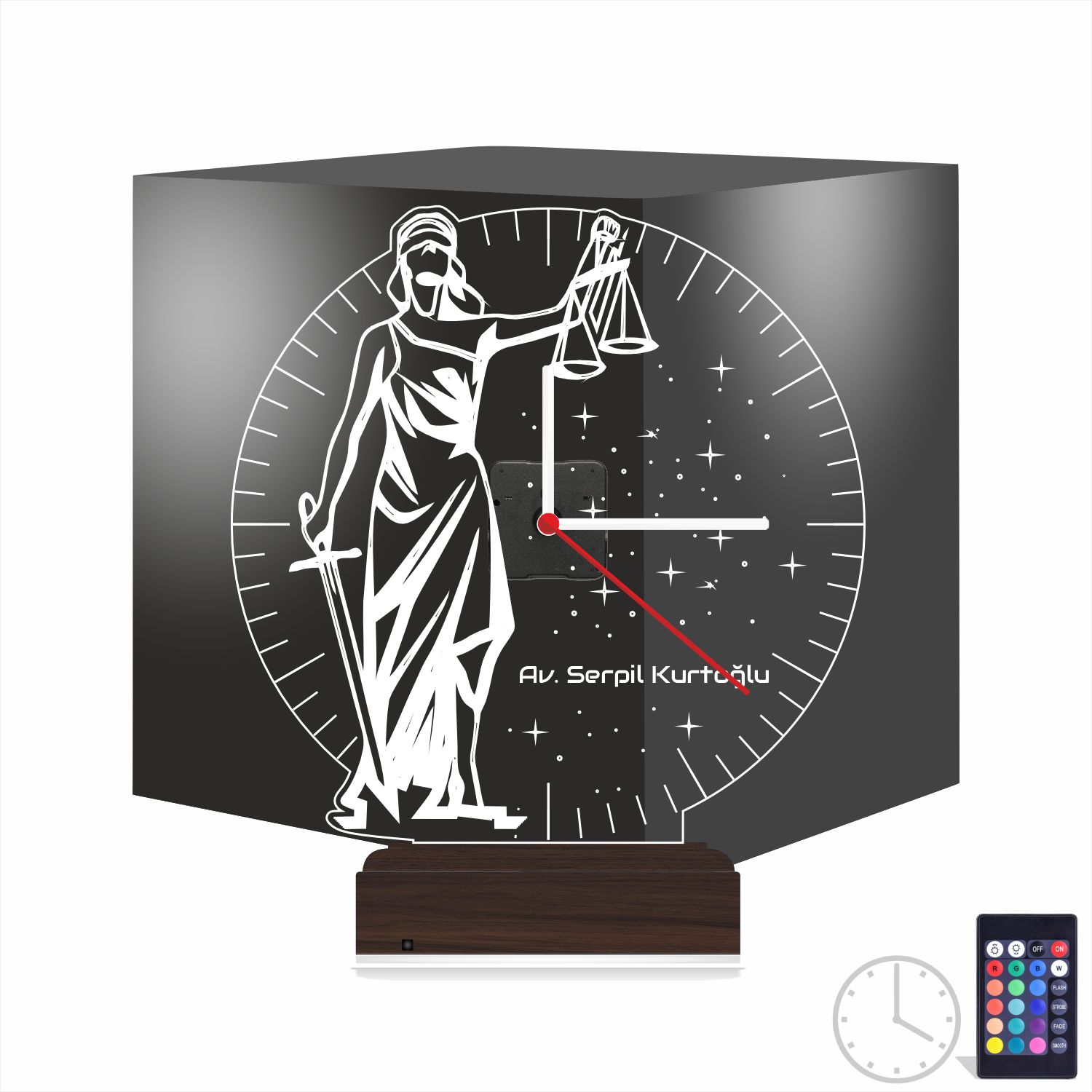 Именной подарок юристу: Фемида с весами и часами 3d светильник 9
