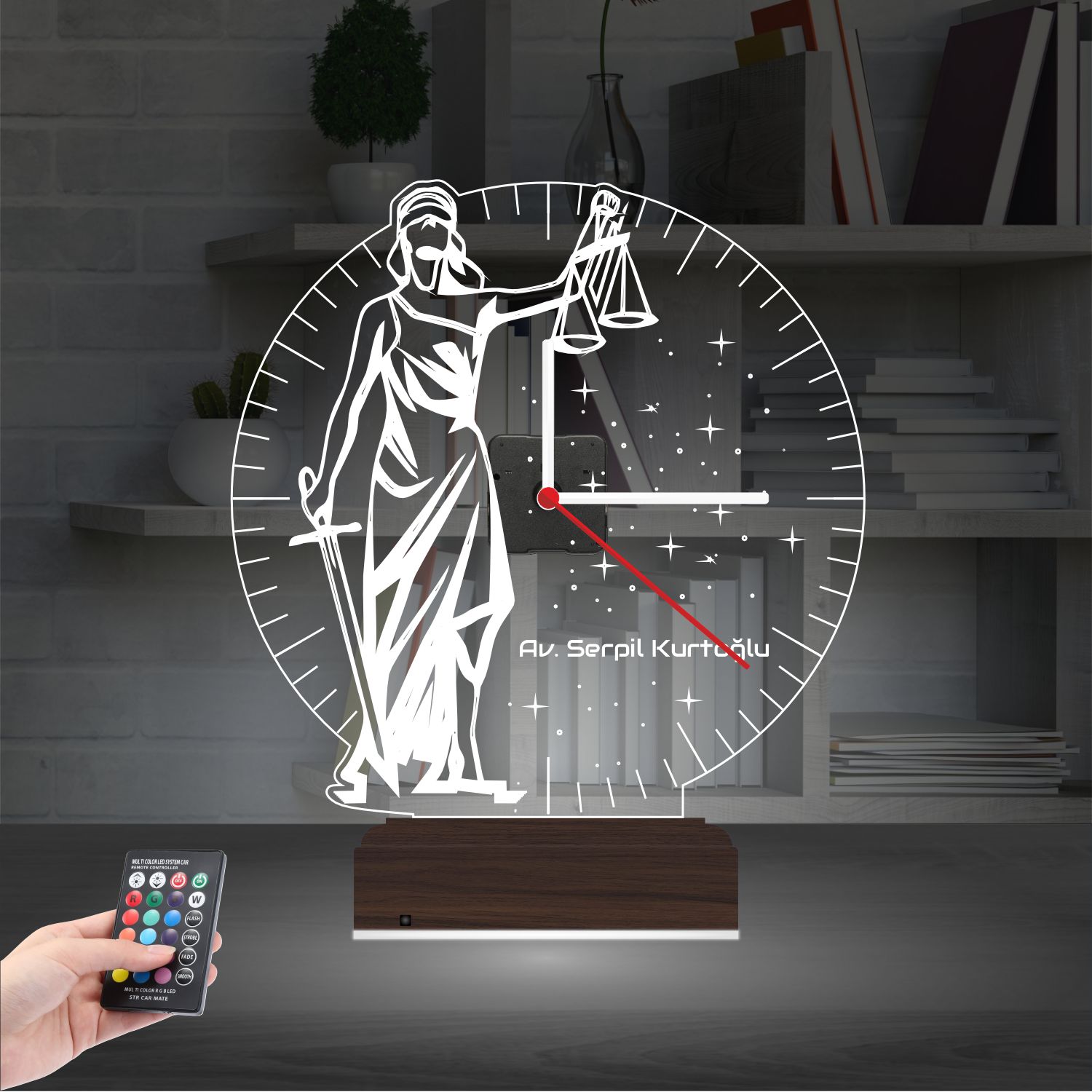 Именной подарок юристу: Фемида с весами и часами 3d светильник 8