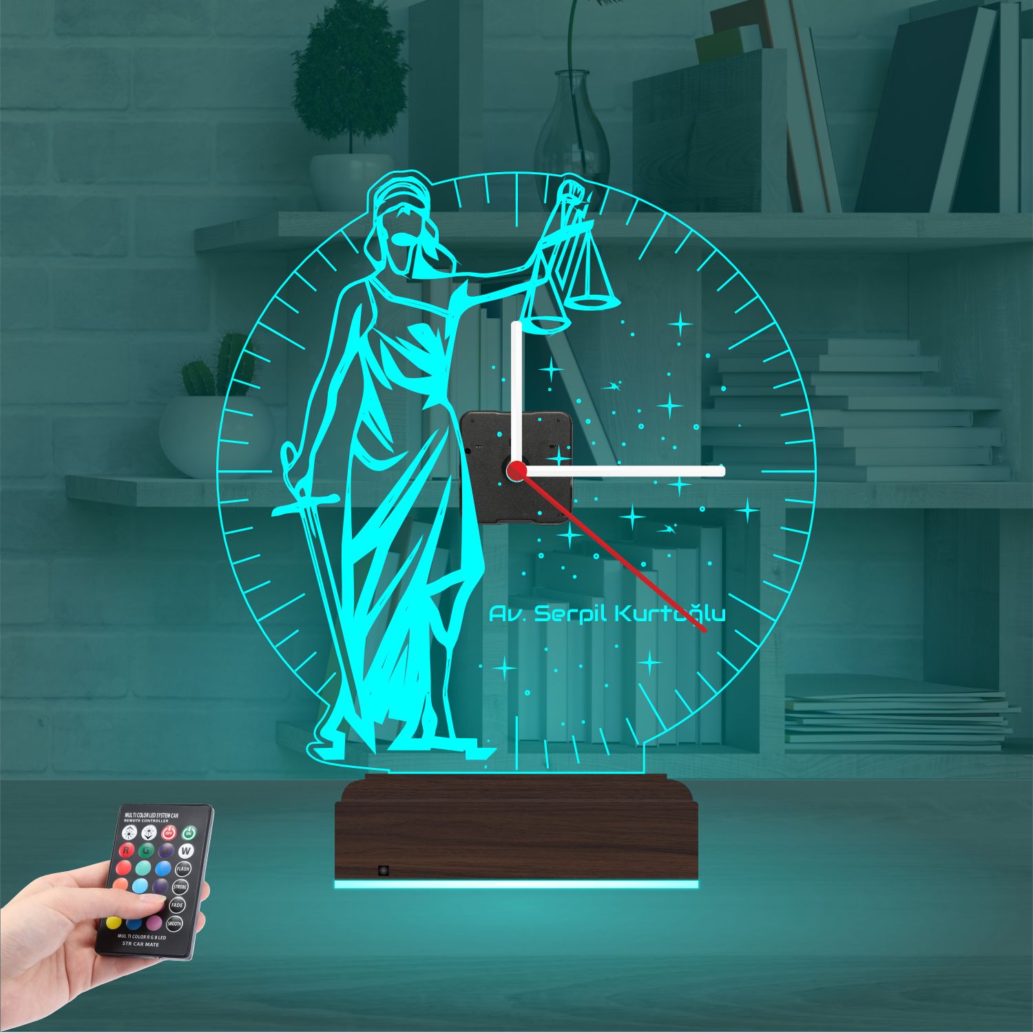 Именной подарок юристу: Фемида с весами и часами 3d светильник