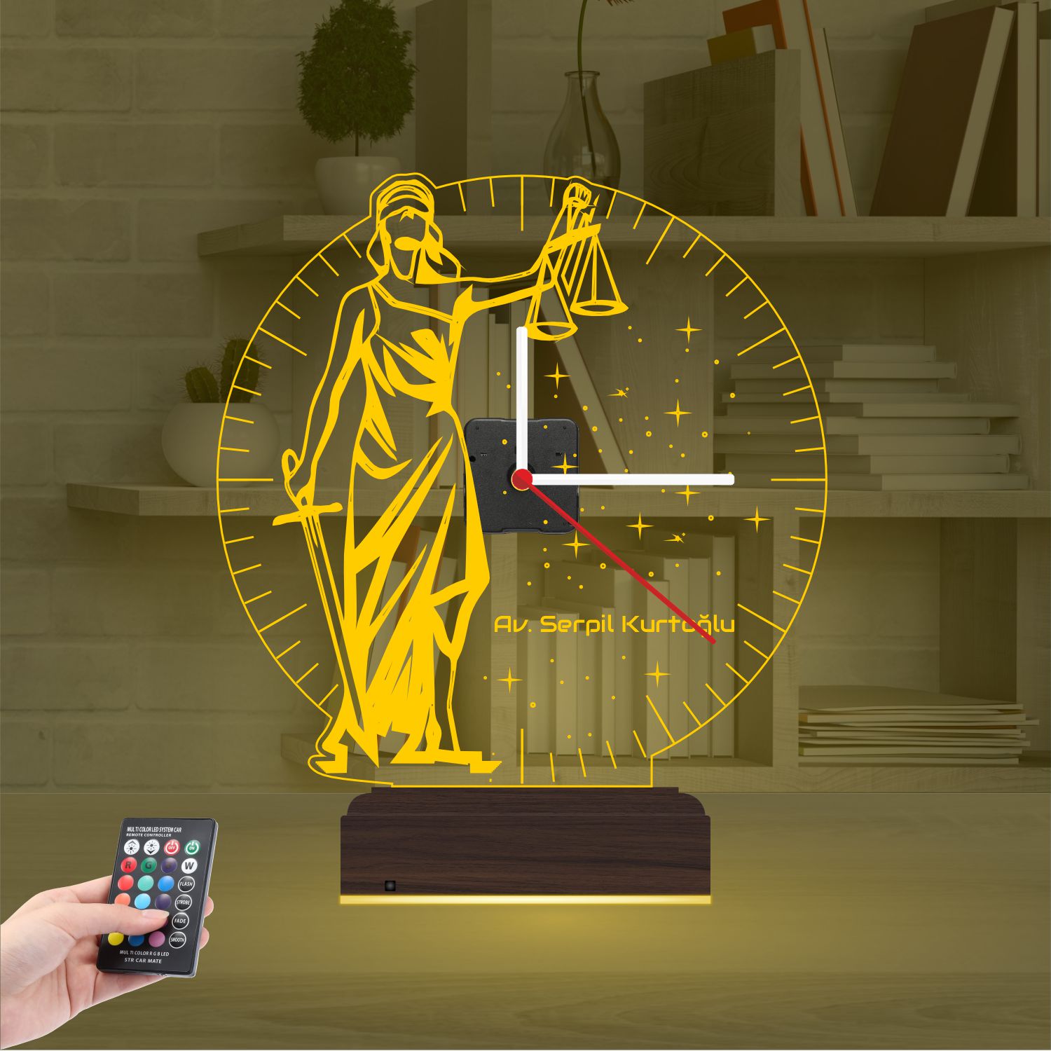Именной подарок юристу: Фемида с весами и часами 3d светильник 6