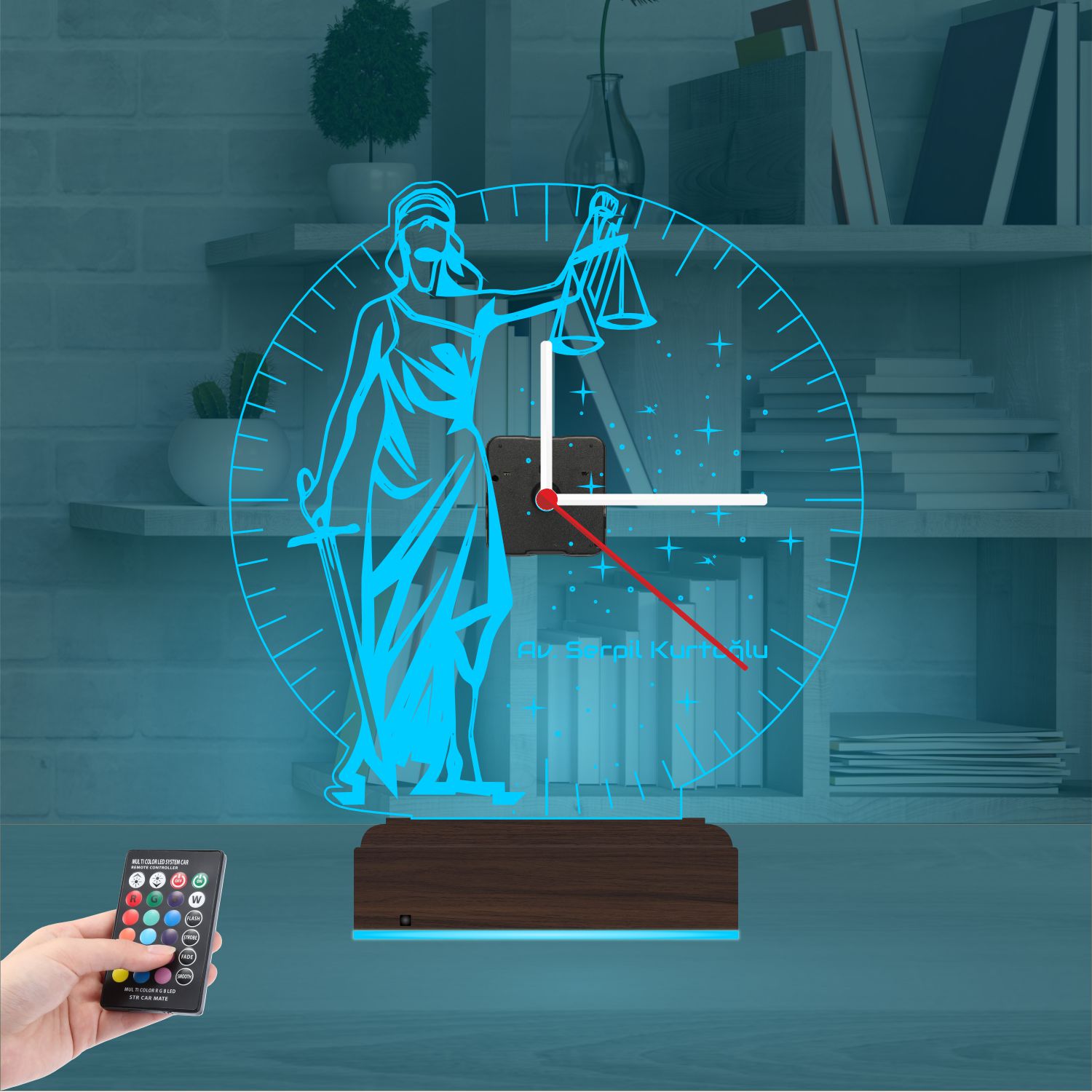 Именной подарок юристу: Фемида с весами и часами 3d светильник 7