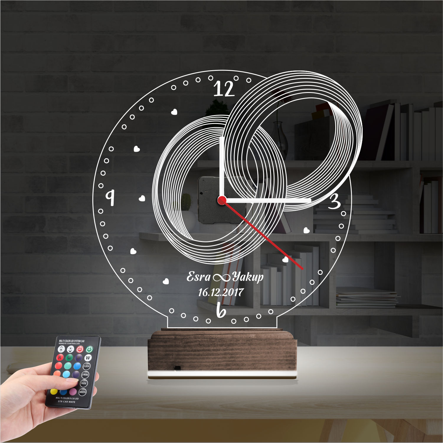 Именной подарок: обручальные кольца с именами, датой и часами 3d светильник 7